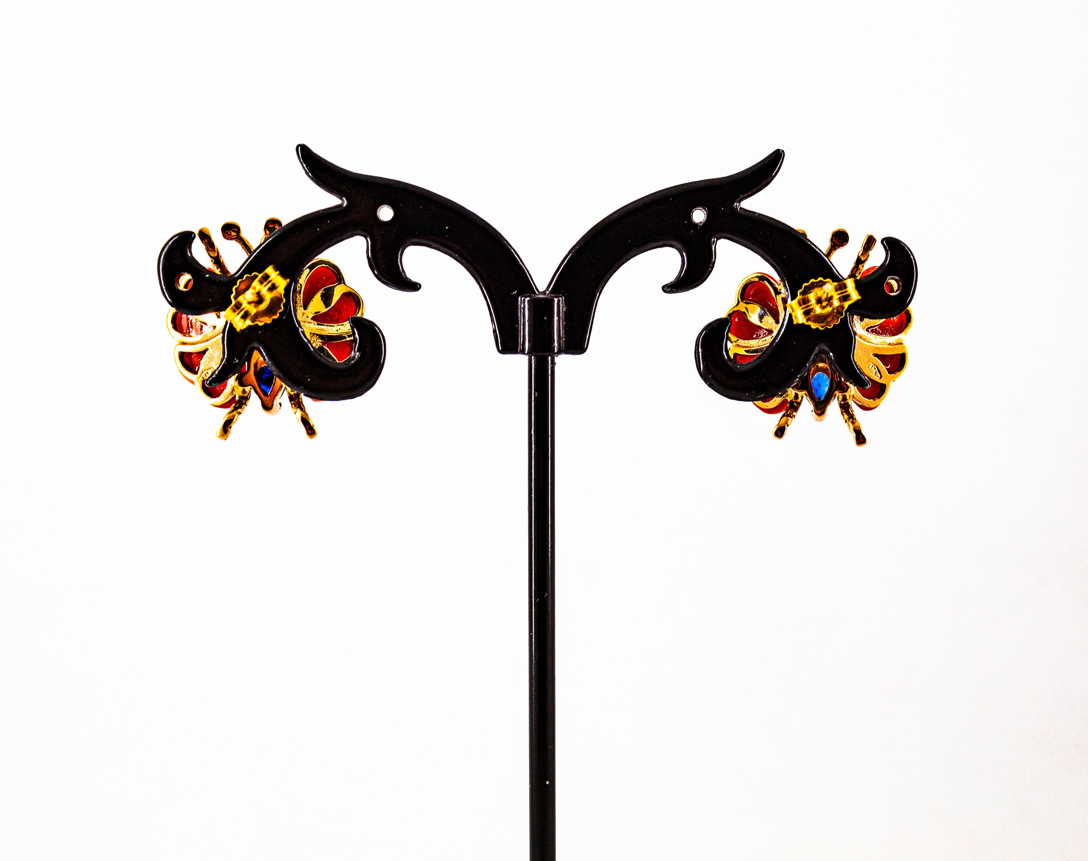Boucles d'oreilles or jaune saphir bleu rubis émeraude Méditerranée corail rouge en vente 3