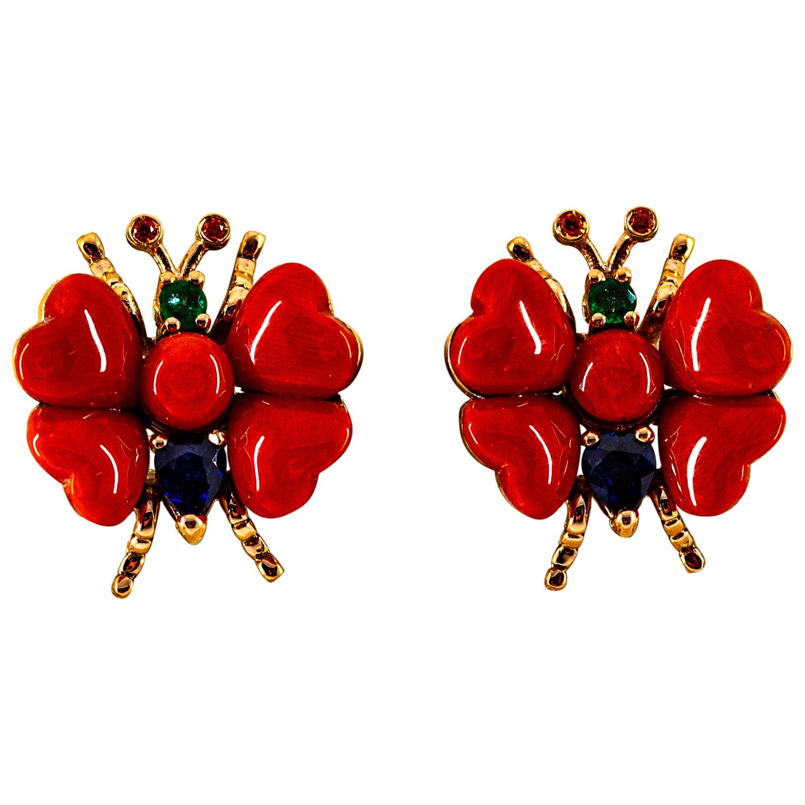 Blue Sapphire Ruby Emerald Mediterranean Red Coral Yellow Gold Stud Earrings For Sale