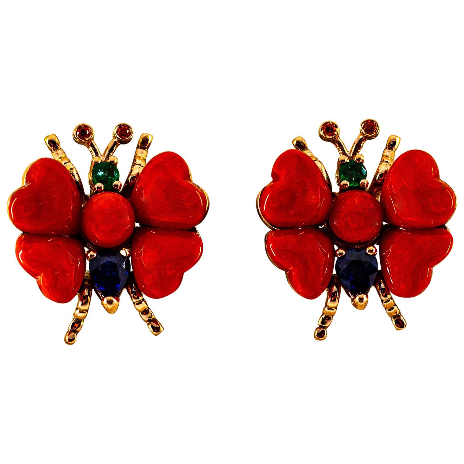 Boucles d'oreilles or jaune saphir bleu rubis émeraude Méditerranée corail rouge en vente