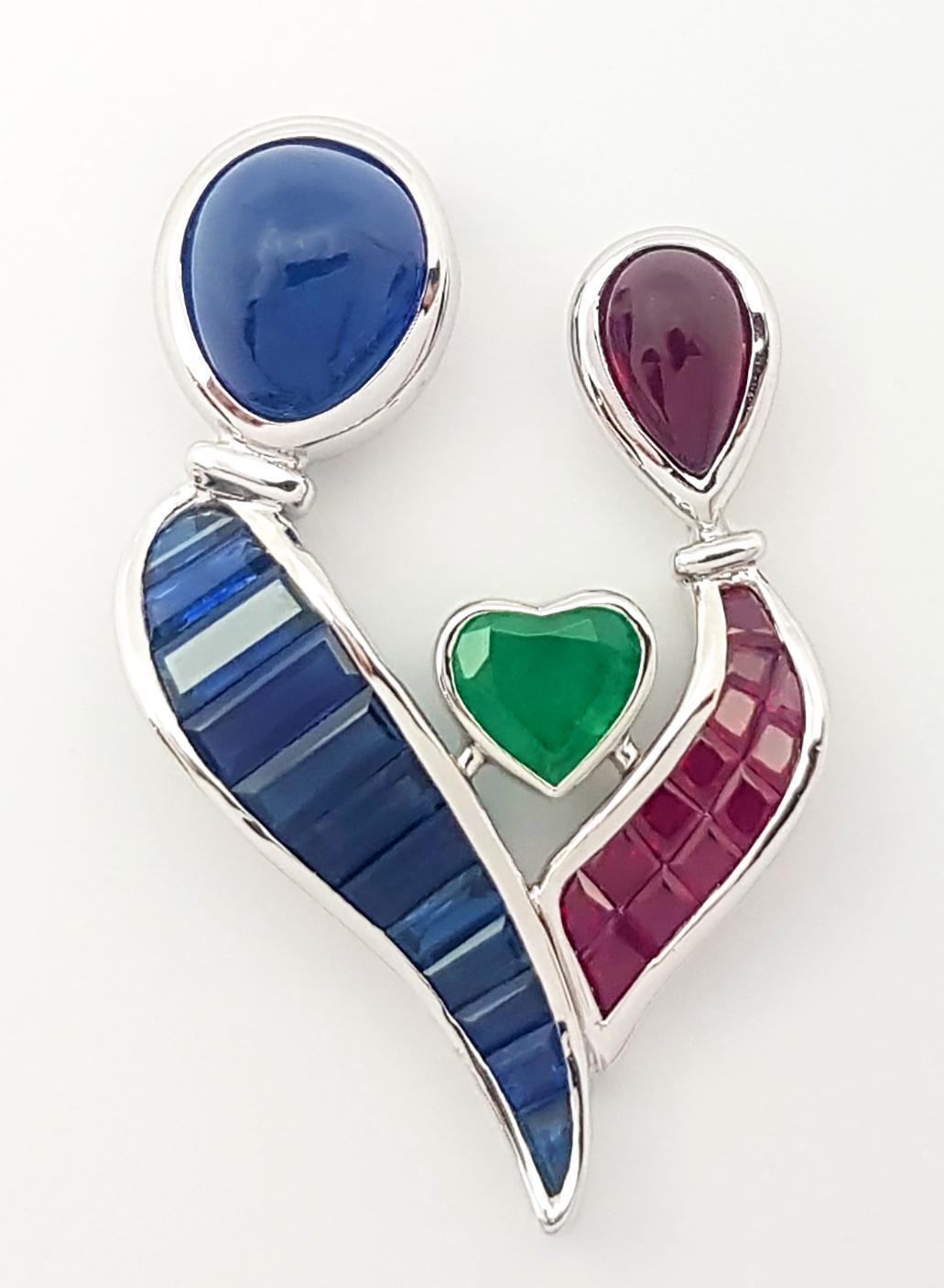 Contemporary Blue Sapphire, Ruby, Emerald Pendant set in 18K White Gold Settings For Sale