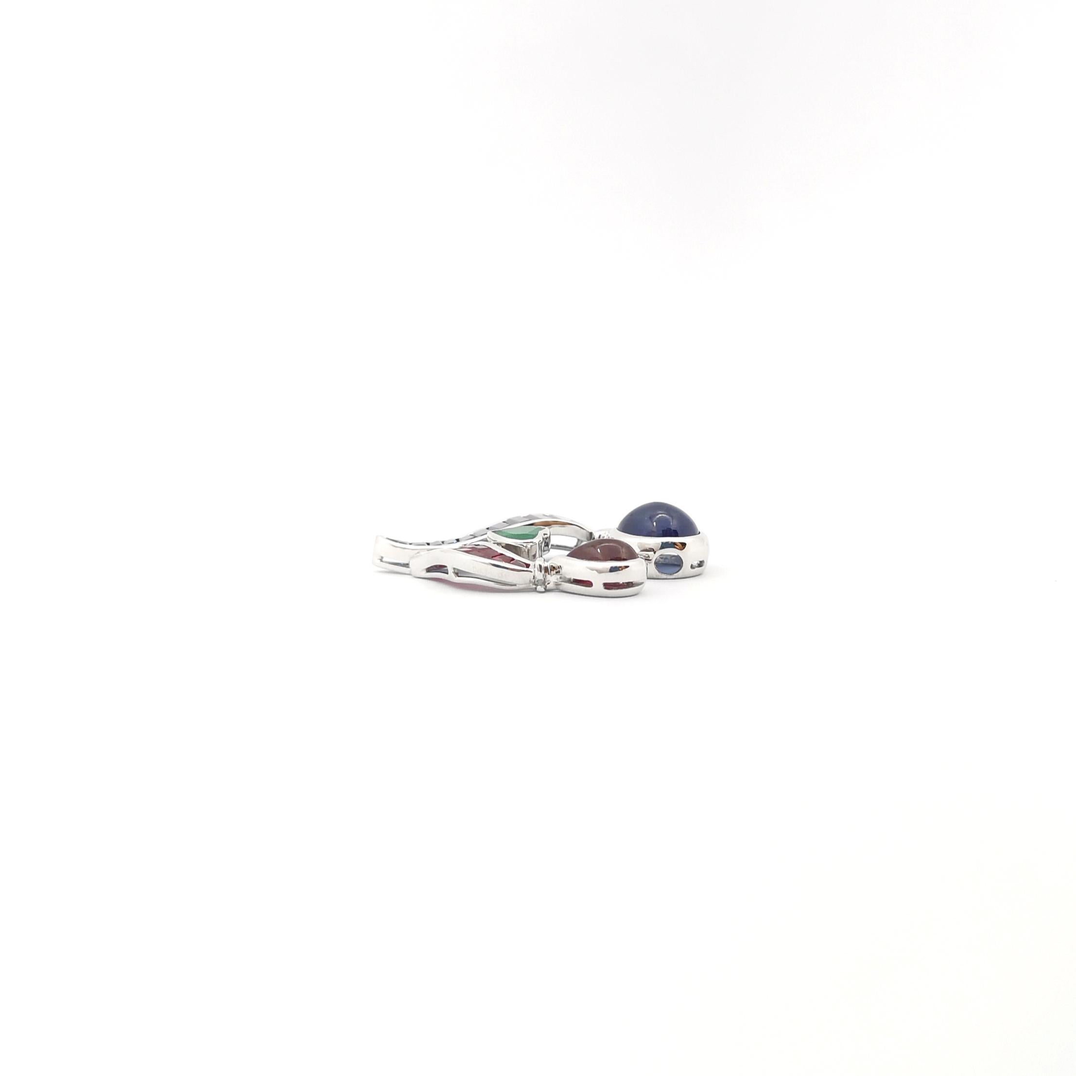 Blue Sapphire, Ruby, Emerald Pendant set in 18K White Gold Settings For Sale 2
