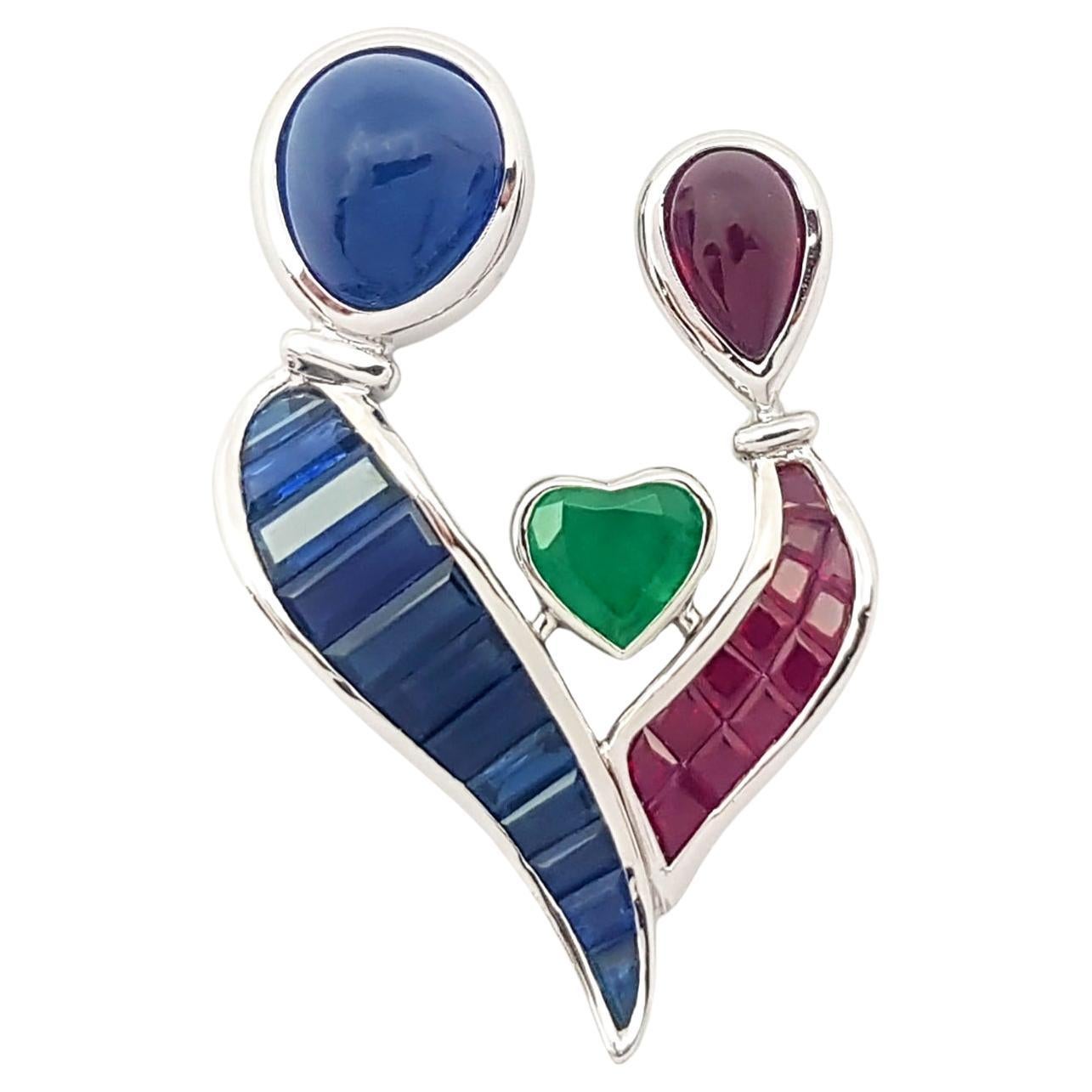 Blue Sapphire, Ruby, Emerald Pendant set in 18K White Gold Settings For Sale