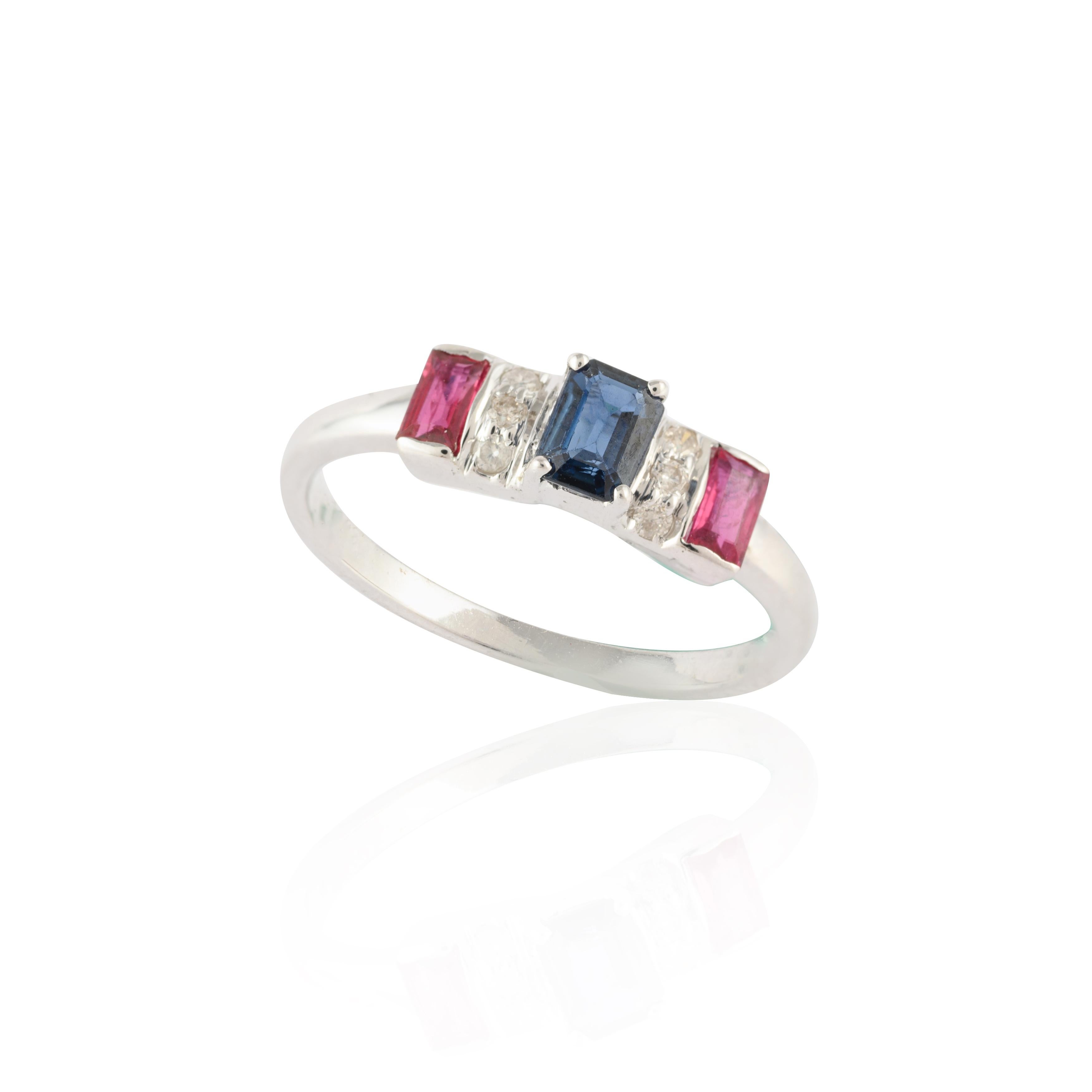 For Sale:  Octagon Cut Sapphire Ruby Diamond Ring in 14K Solid White Gold  11