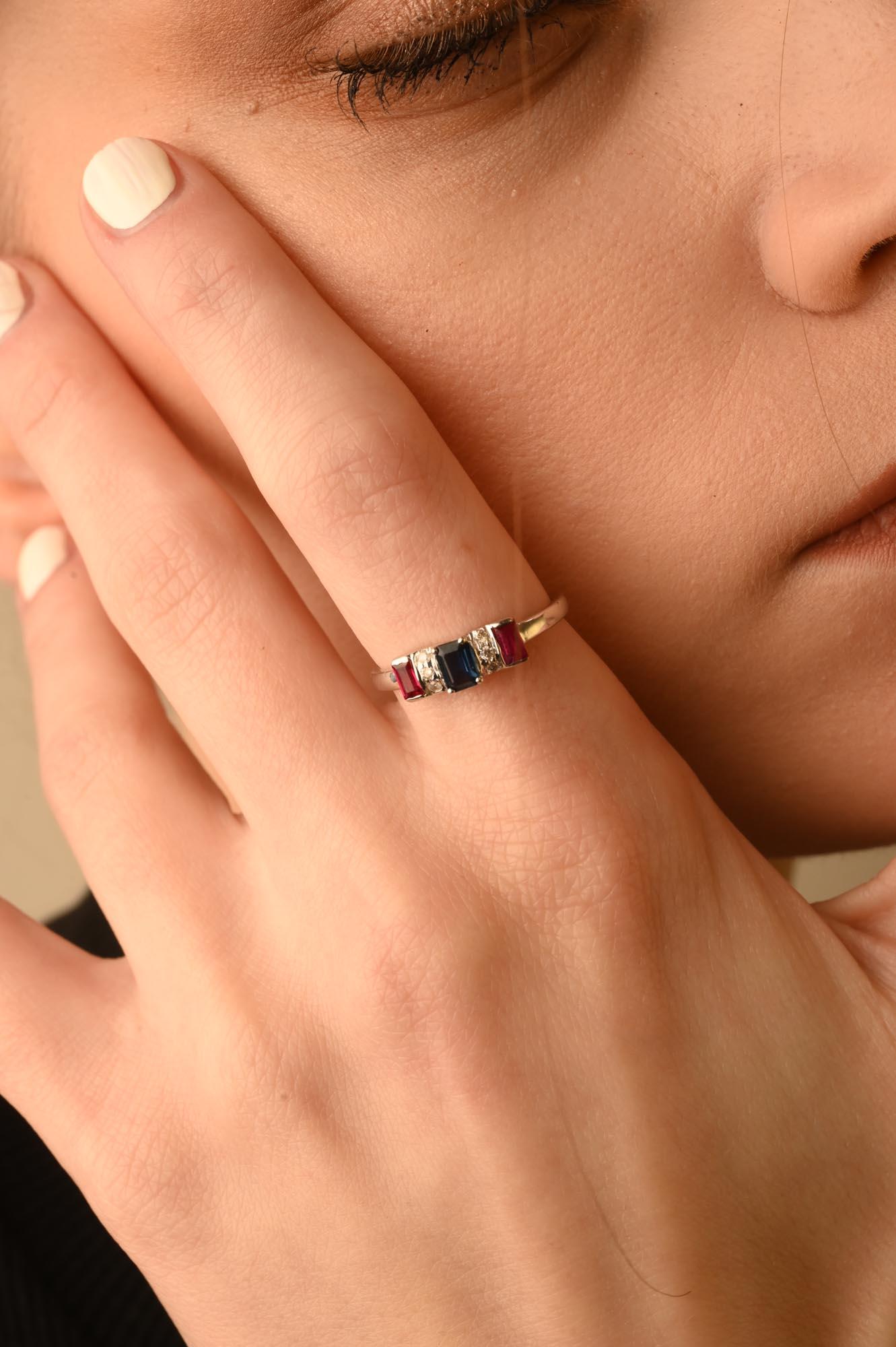 For Sale:  Octagon Cut Sapphire Ruby Diamond Ring in 14K Solid White Gold  12