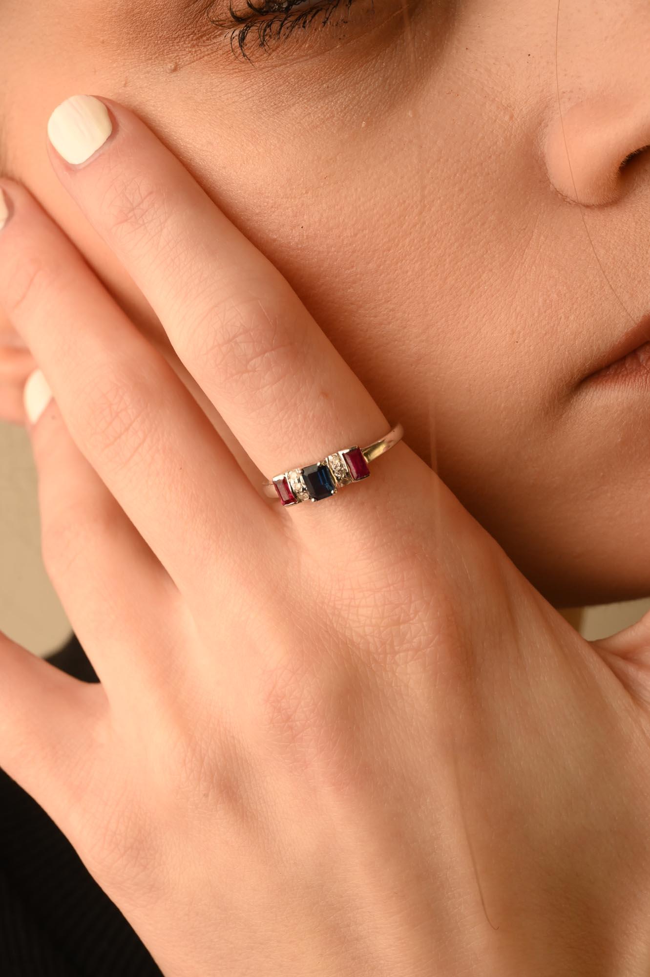 For Sale:  Octagon Cut Sapphire Ruby Diamond Ring in 14K Solid White Gold  13
