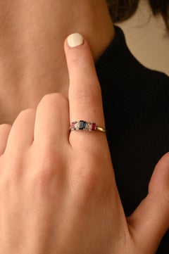 Octagon Cut Sapphire Ruby Diamond Ring in 14K Solid White Gold