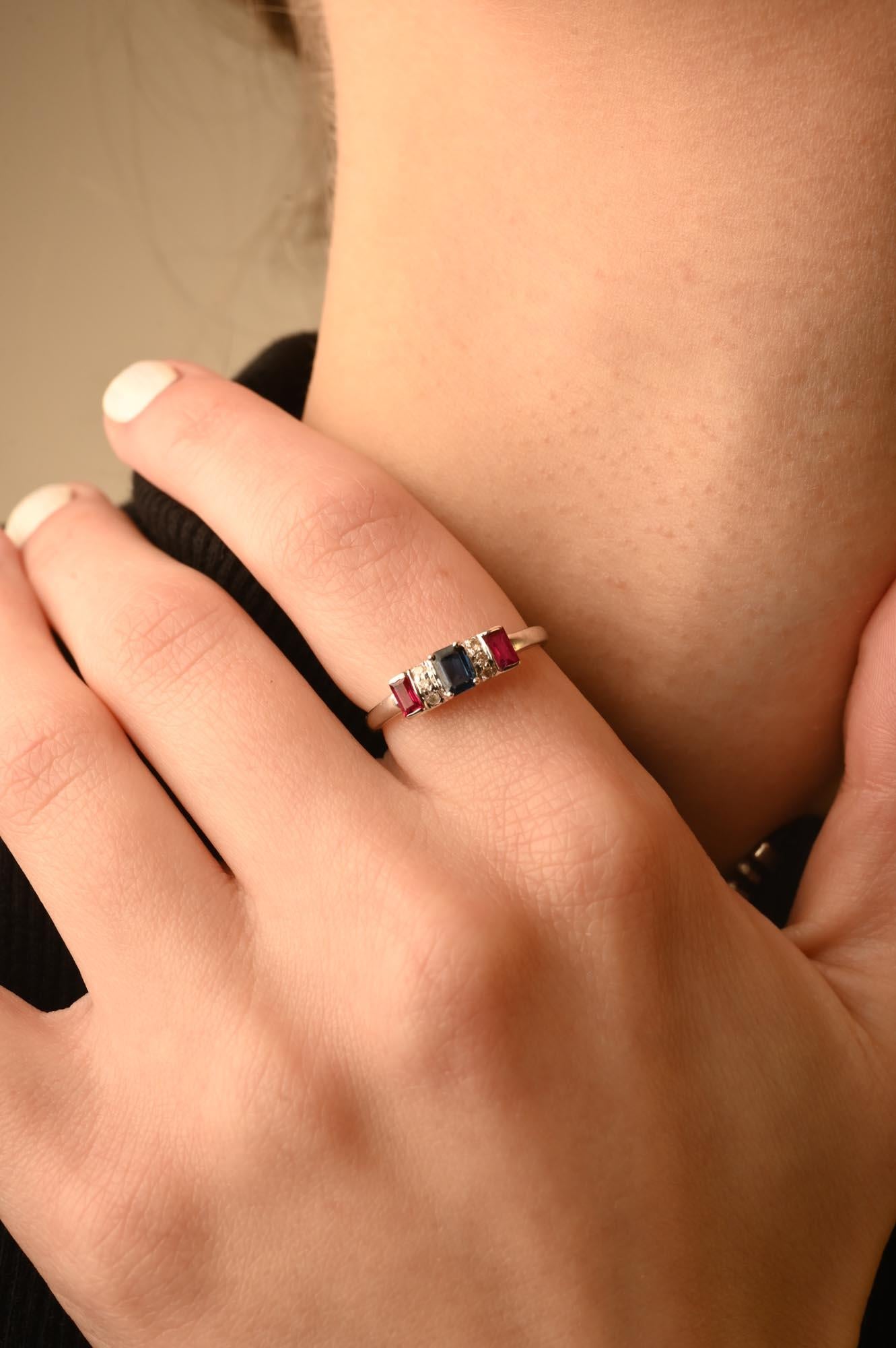 For Sale:  Octagon Cut Sapphire Ruby Diamond Ring in 14K Solid White Gold  3