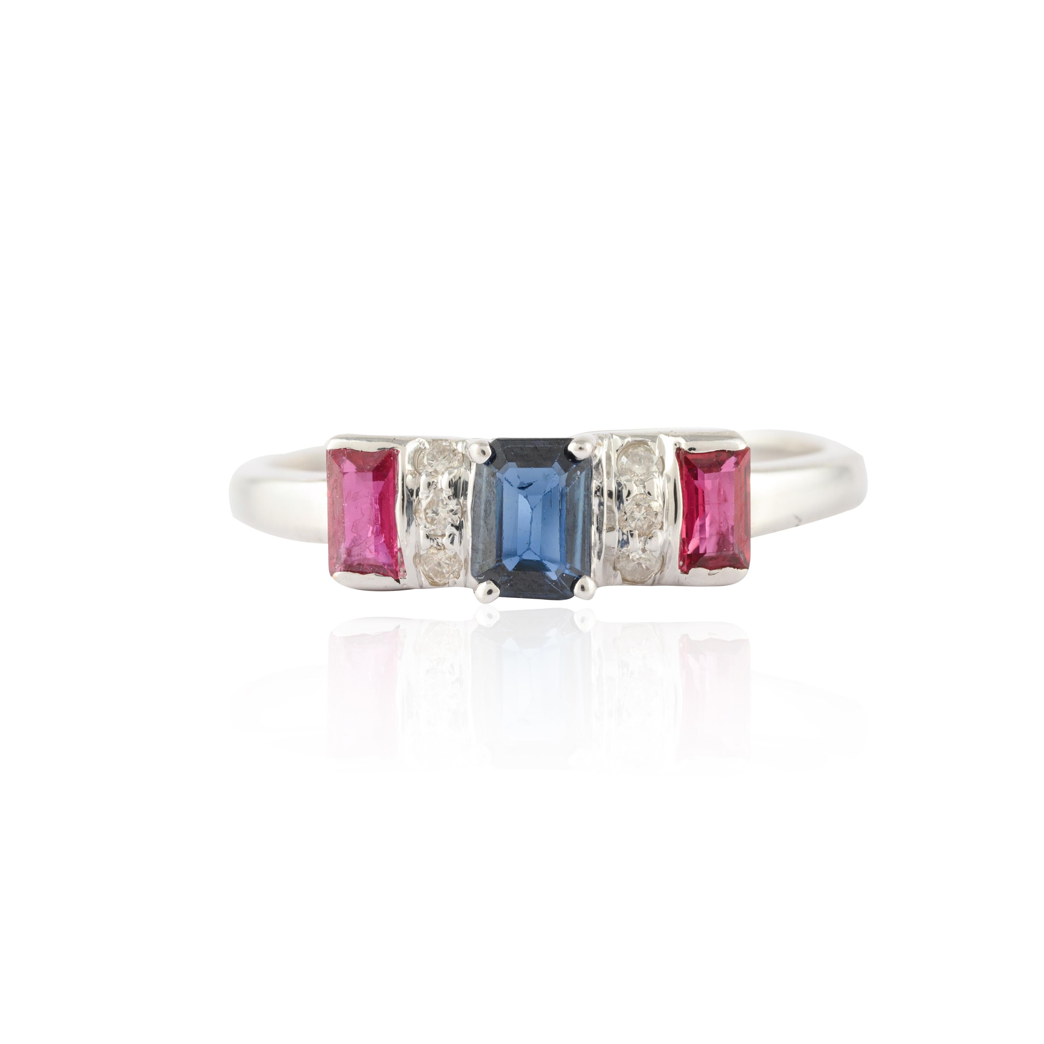 For Sale:  Octagon Cut Sapphire Ruby Diamond Ring in 14K Solid White Gold  4