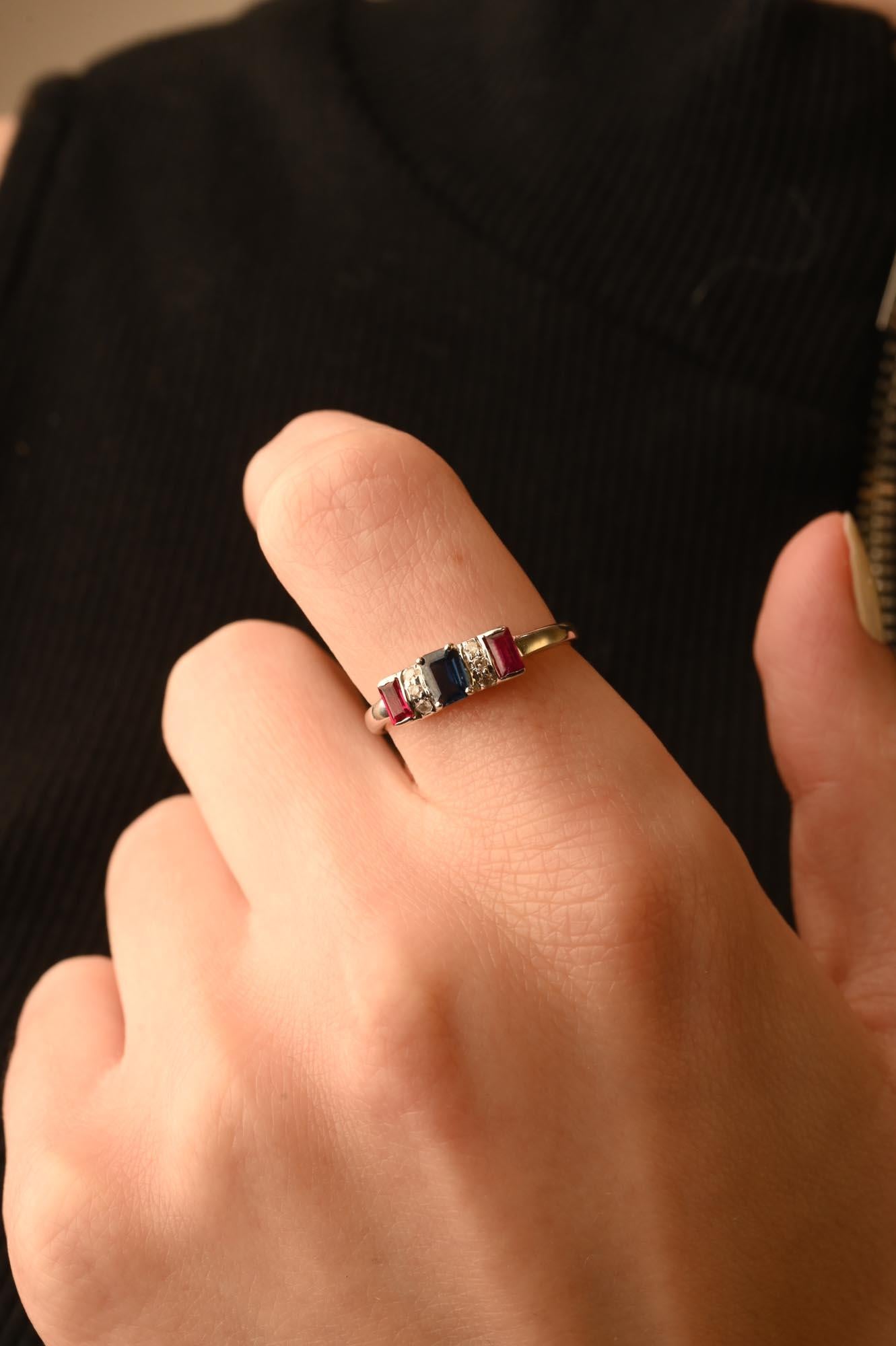 For Sale:  Octagon Cut Sapphire Ruby Diamond Ring in 14K Solid White Gold  8