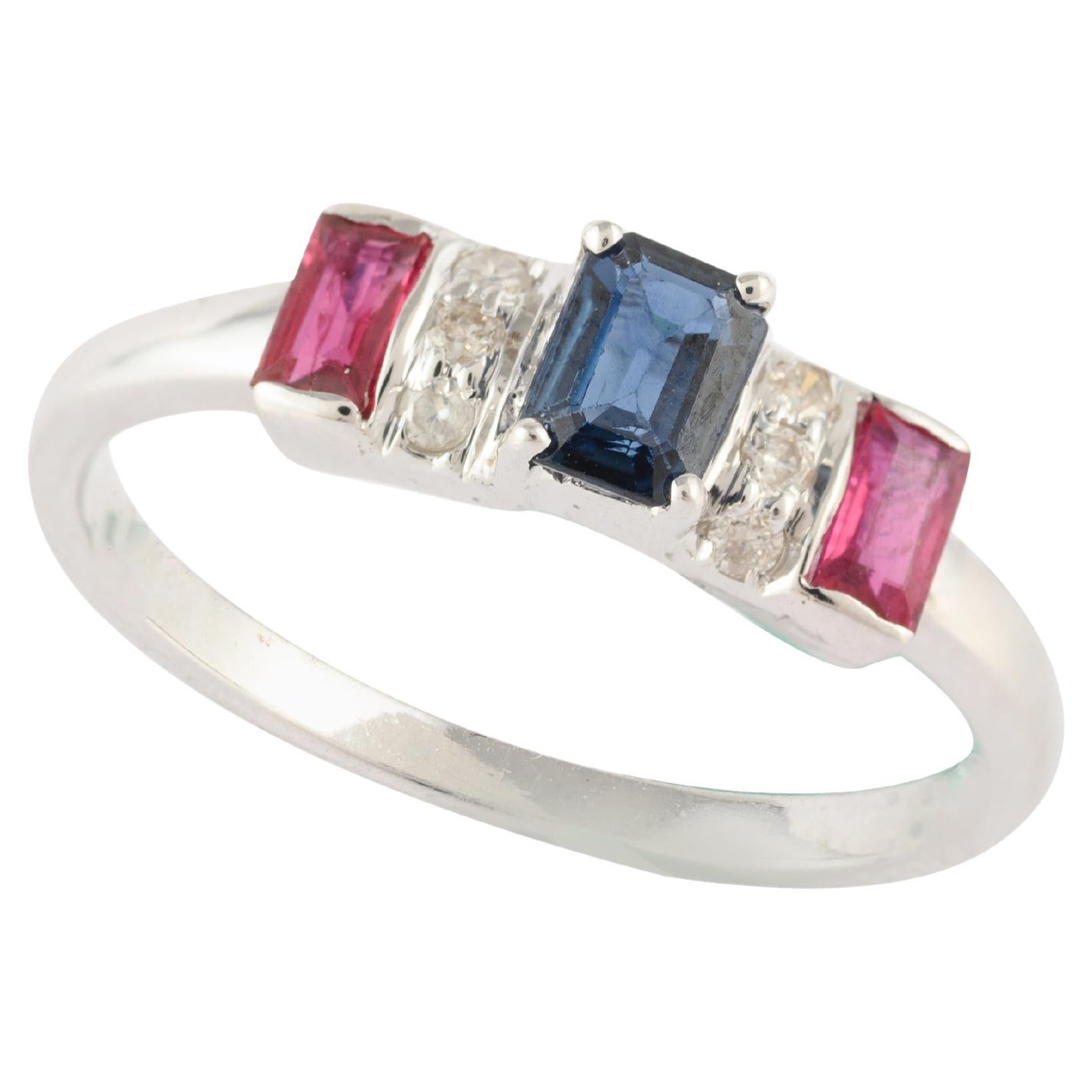 For Sale:  Octagon Cut Sapphire Ruby Diamond Ring in 14K Solid White Gold