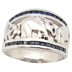 Blue Sapphire, Ruby  with Cubic Zirconia Elephant Ring set in Silver Settings