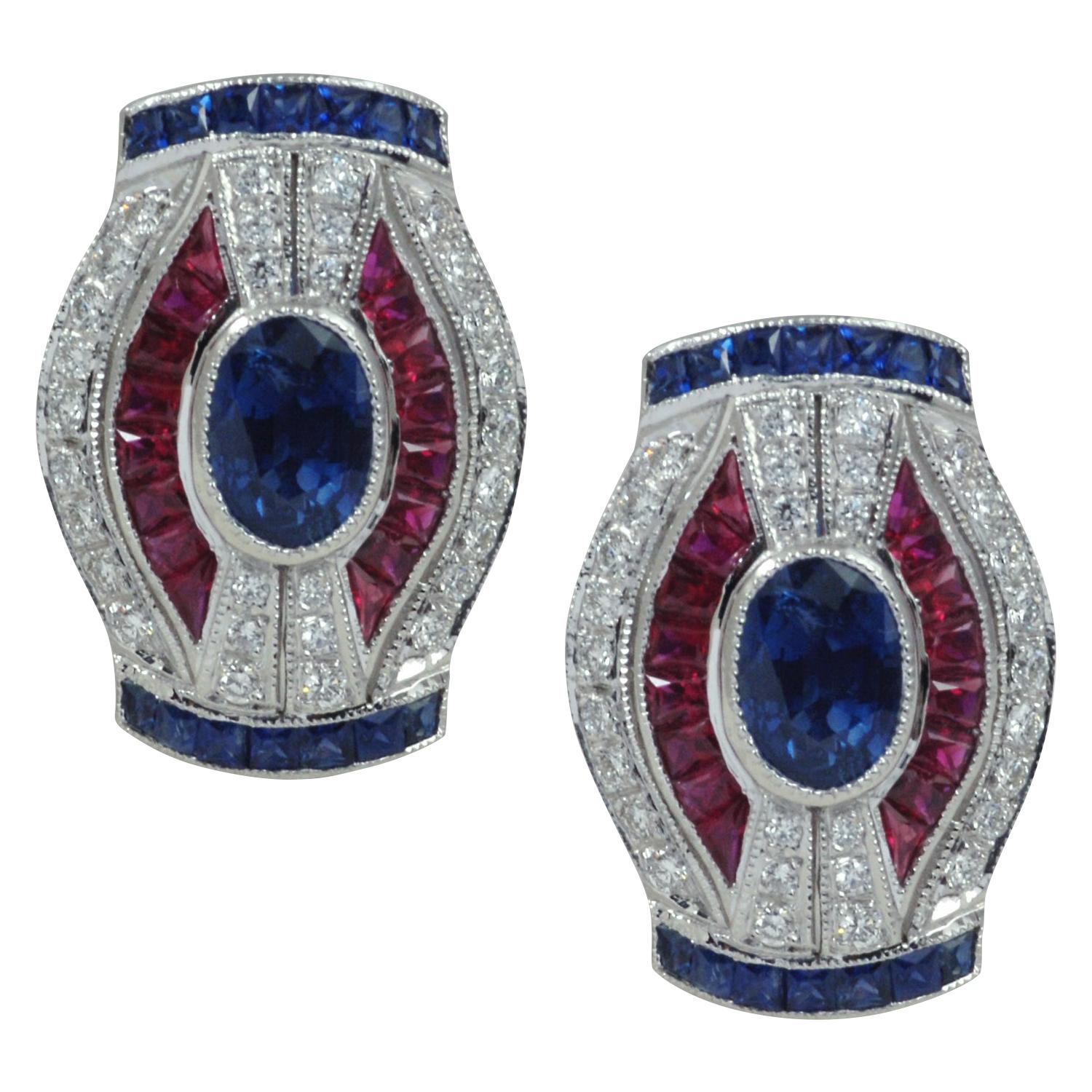 Blue Sapphire, Ruby with Diamond Earrings 18 Karat White Gold For Sale