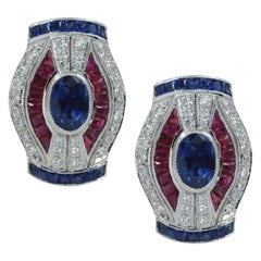 Blue Sapphire, Ruby with Diamond Earrings 18 Karat White Gold