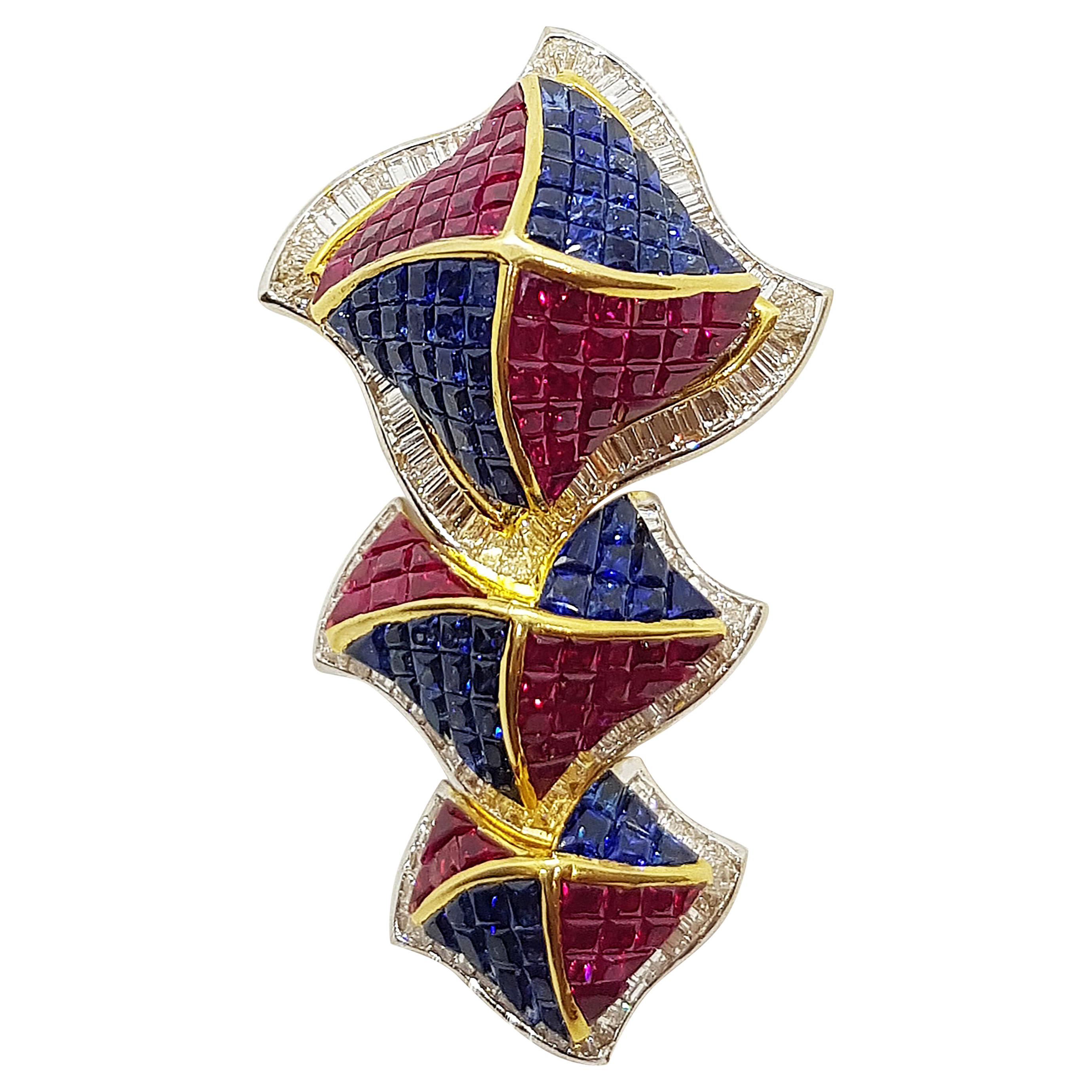 Blue Sapphire, Ruby with Diamond Rotatable Windmill Pendant in 18 Karat Gold