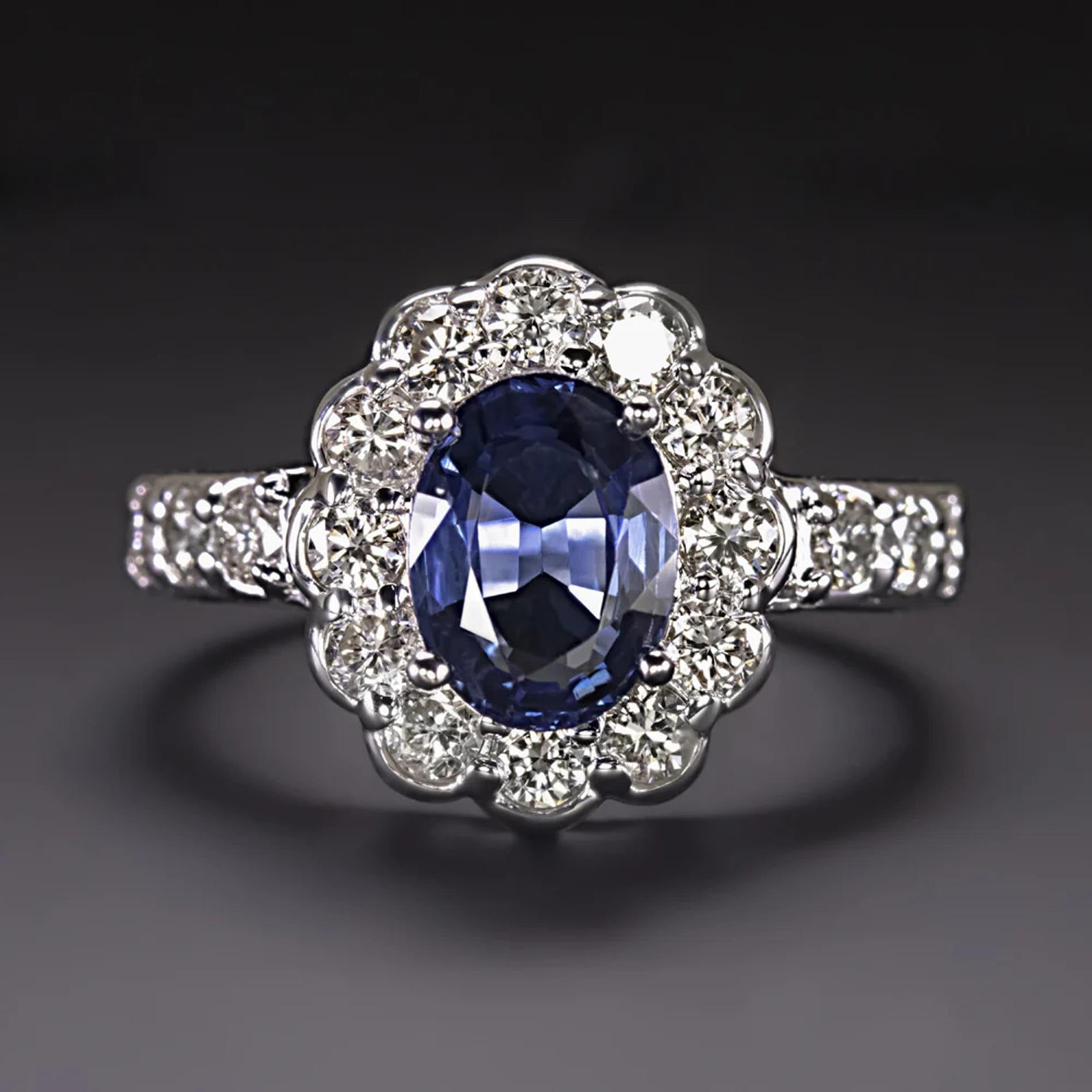 Contemporary Blue Sapphire Scalloped Diamond Cocktail Ring For Sale