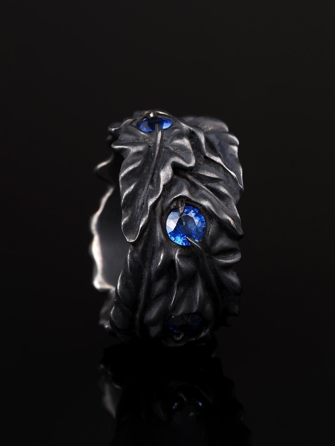 Blue Sapphire Silver Ring Ivy leaves Art Nouveau 1900 style patina mens gift art en vente 5