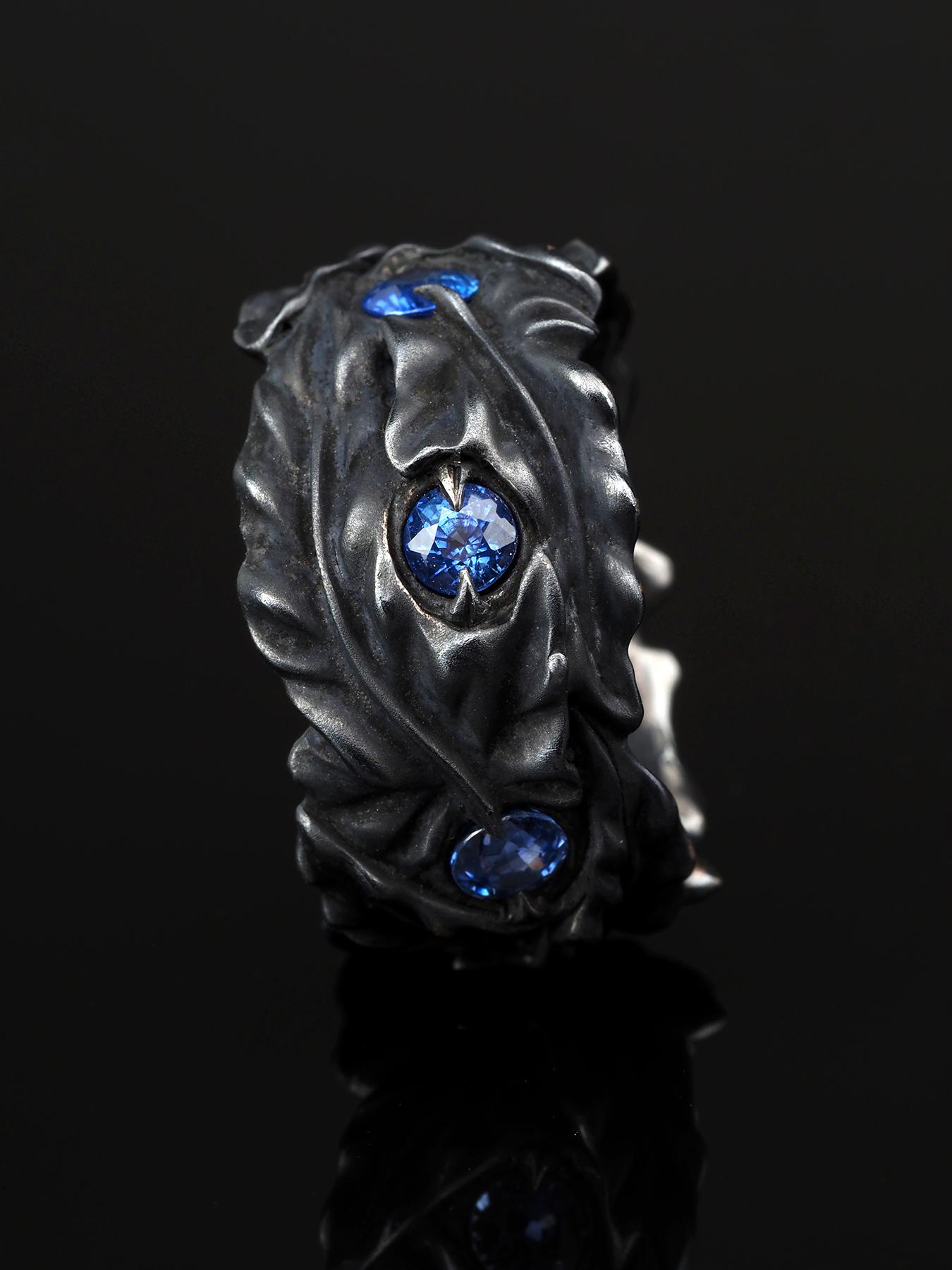 Blue Sapphire Silver Ring Ivy leaves Art Nouveau 1900 style patina mens gift art en vente 6