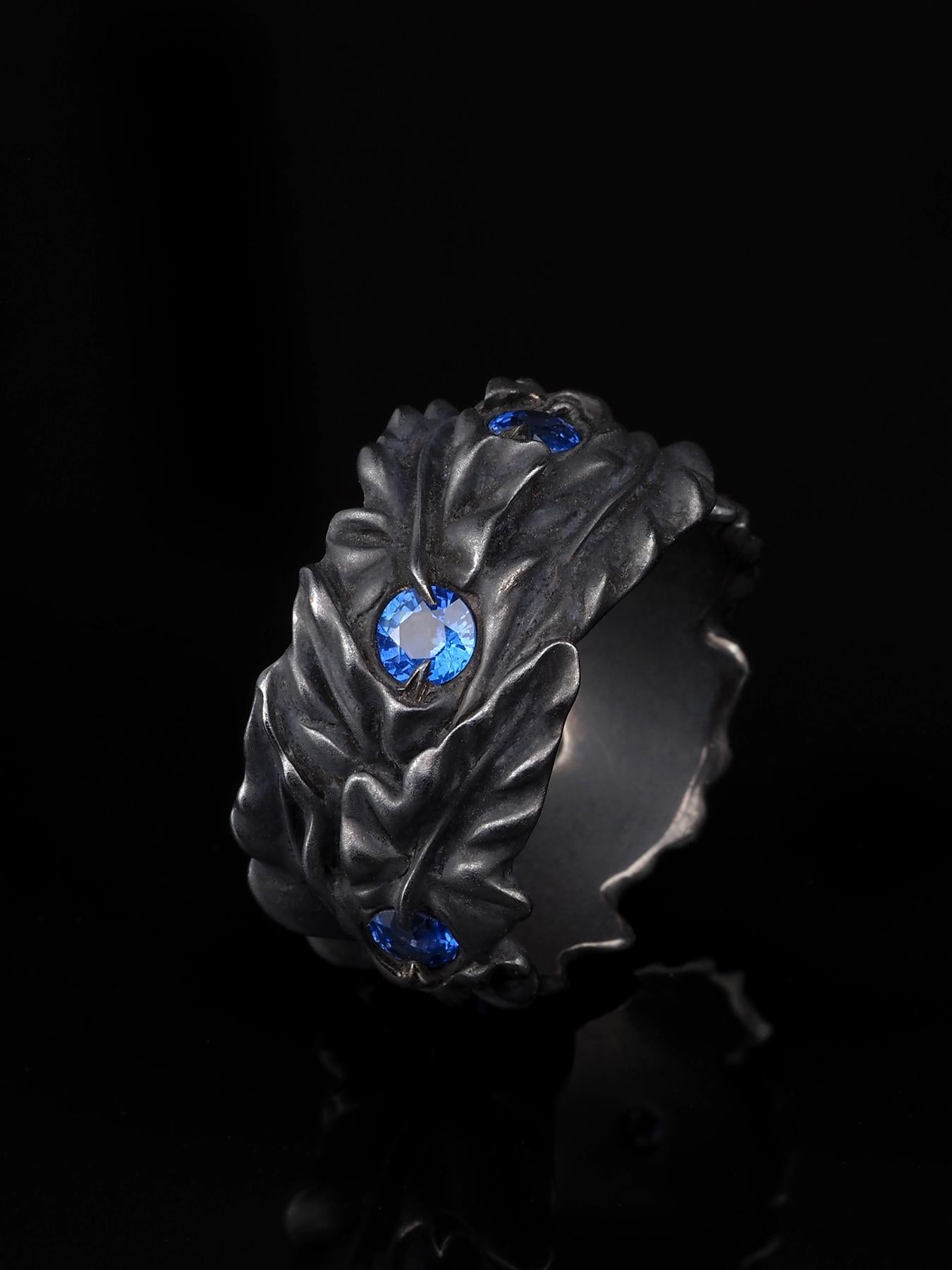 Blue Sapphire Silver Ring Ivy leaves Art Nouveau 1900 style patina mens gift art en vente 8