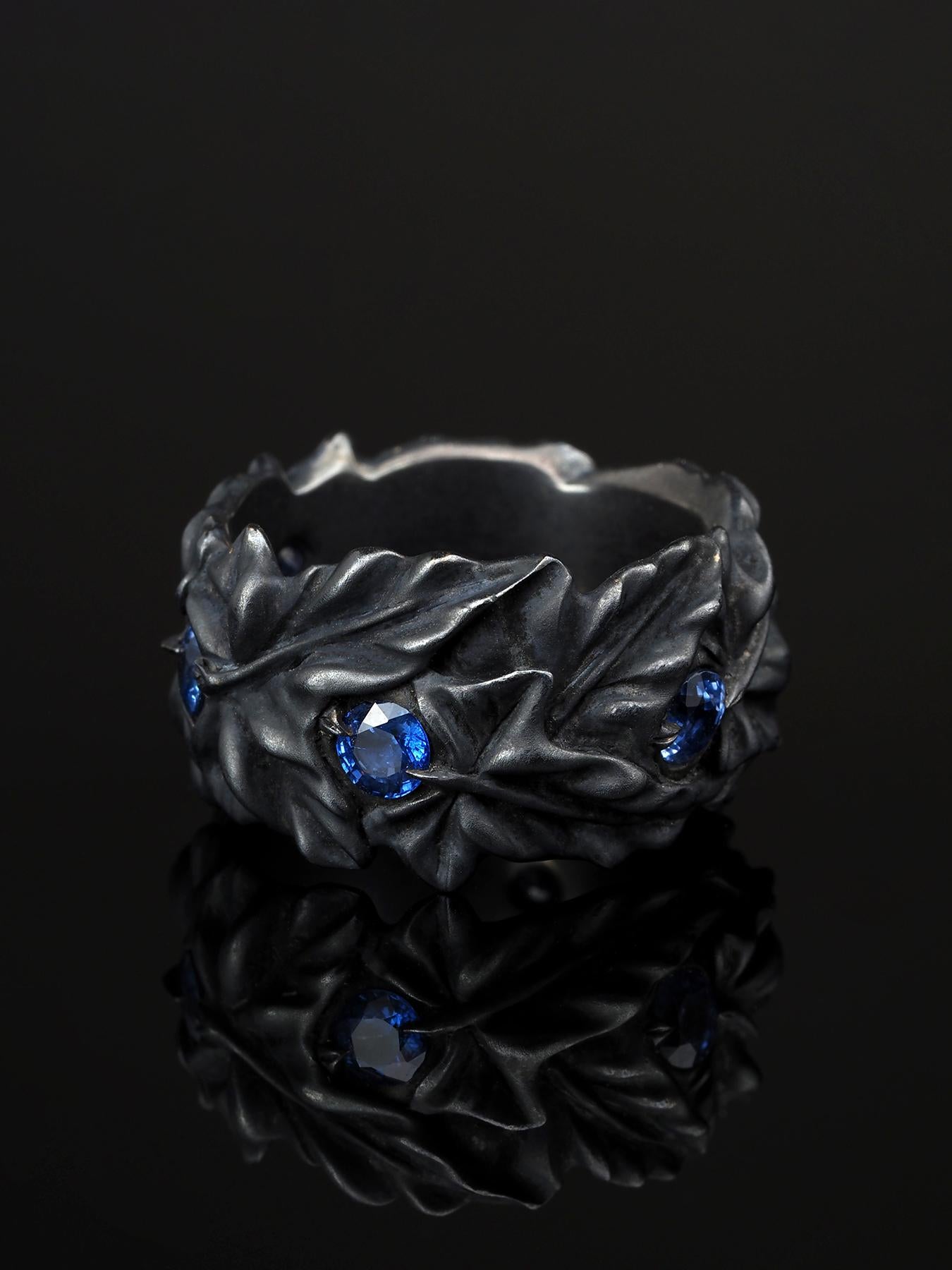Blue Sapphire Silver Ring Ivy leaves Art Nouveau 1900 style patina mens gift art Neuf - En vente à Berlin, DE