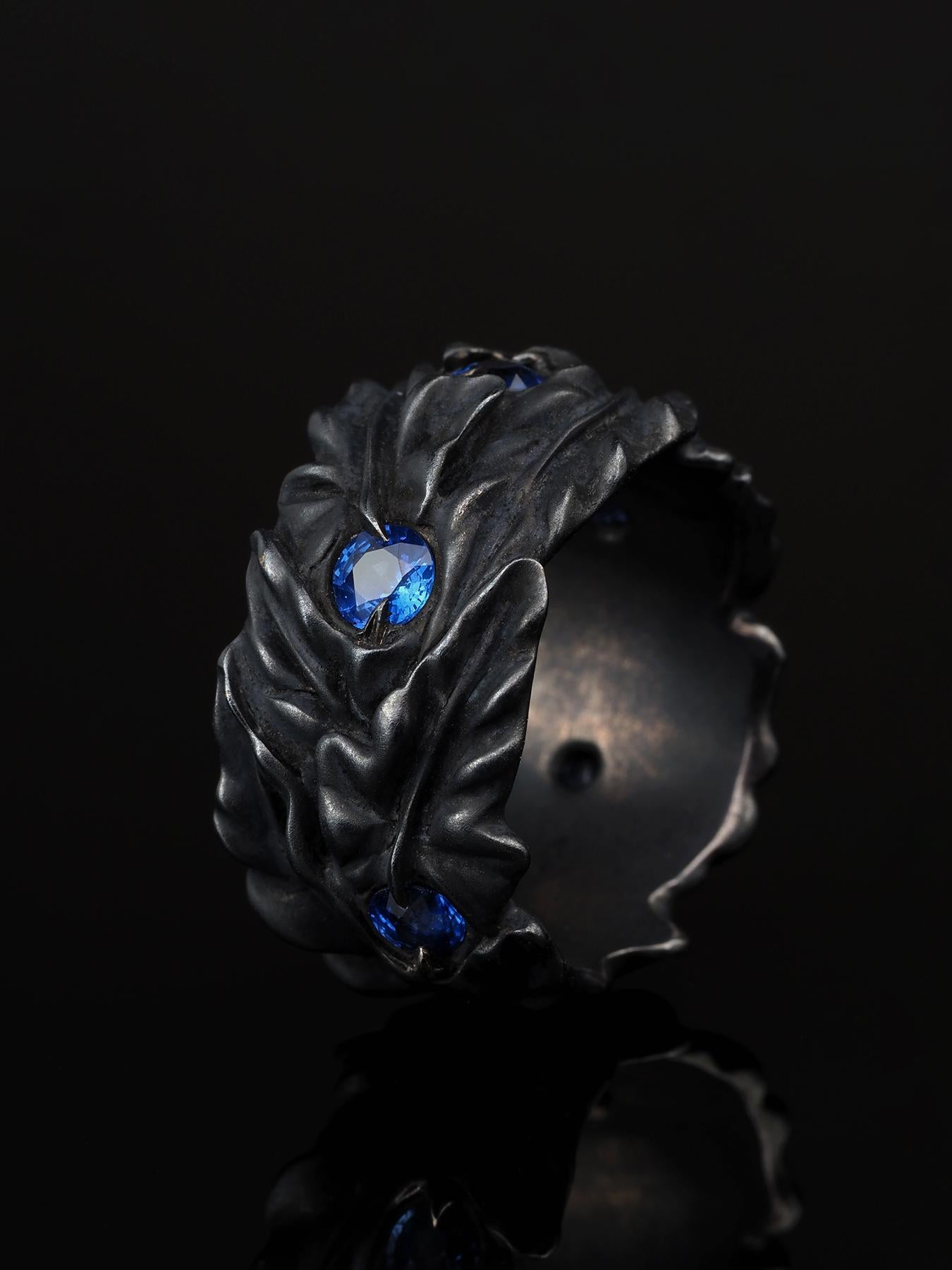 Blue Sapphire Silver Ring Ivy leaves Art Nouveau 1900 style patina mens gift art en vente 1