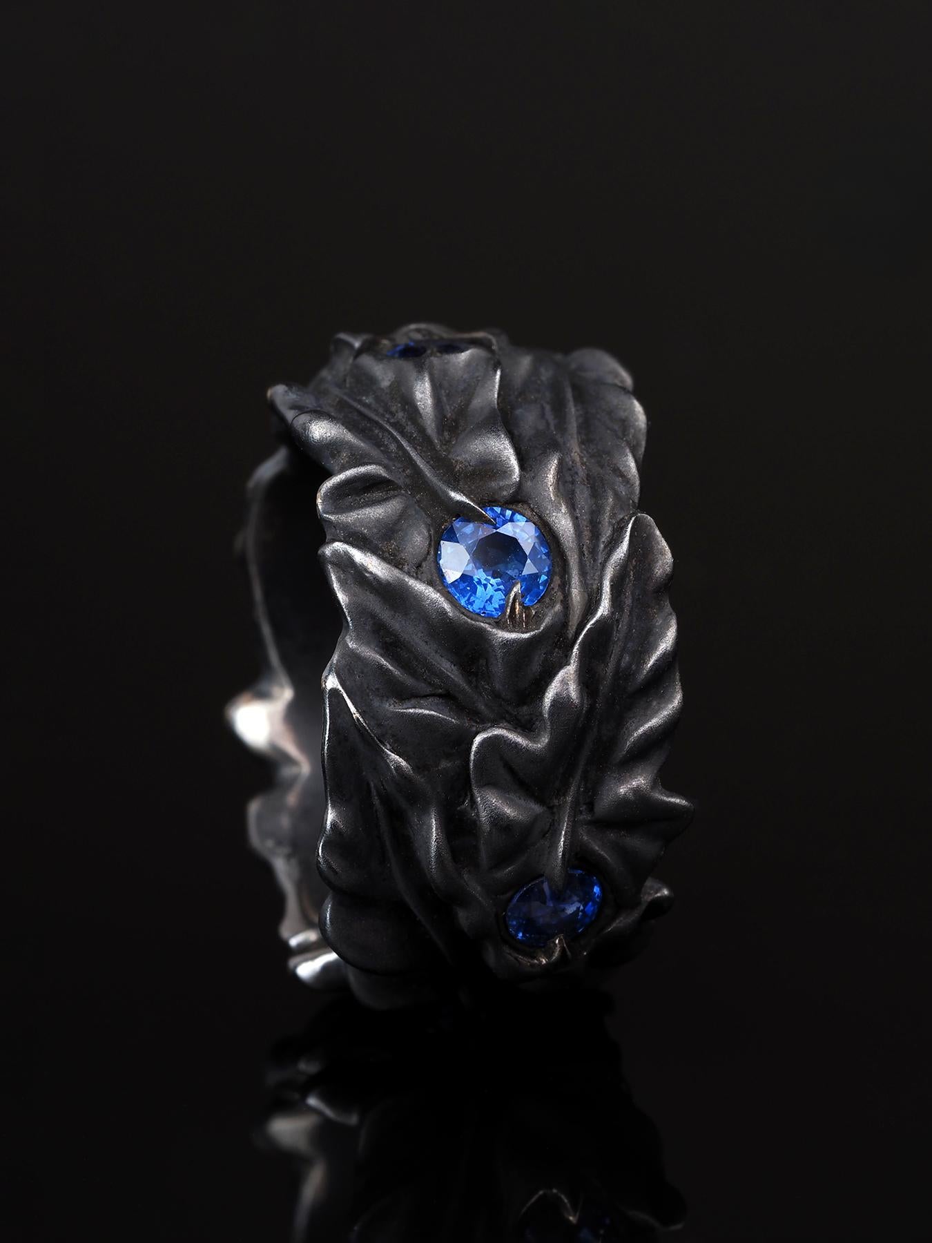 Blue Sapphire Silver Ring Ivy leaves Art Nouveau 1900 style patina mens gift art en vente 2