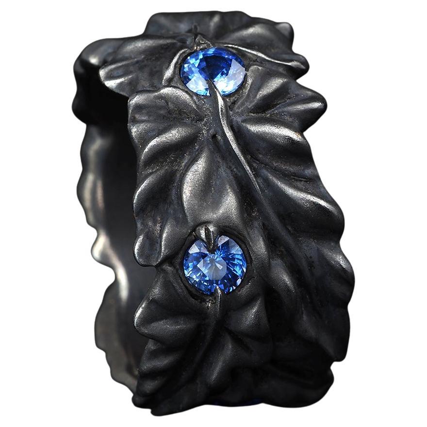 Blue Sapphire Silver Ring Ivy leaves Art Nouveau 1900 style patina mens gift art en vente