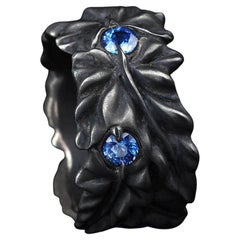 Blue Sapphire Silver Ring Ivy leaves Art Nouveau 1900 style patina mens gift art