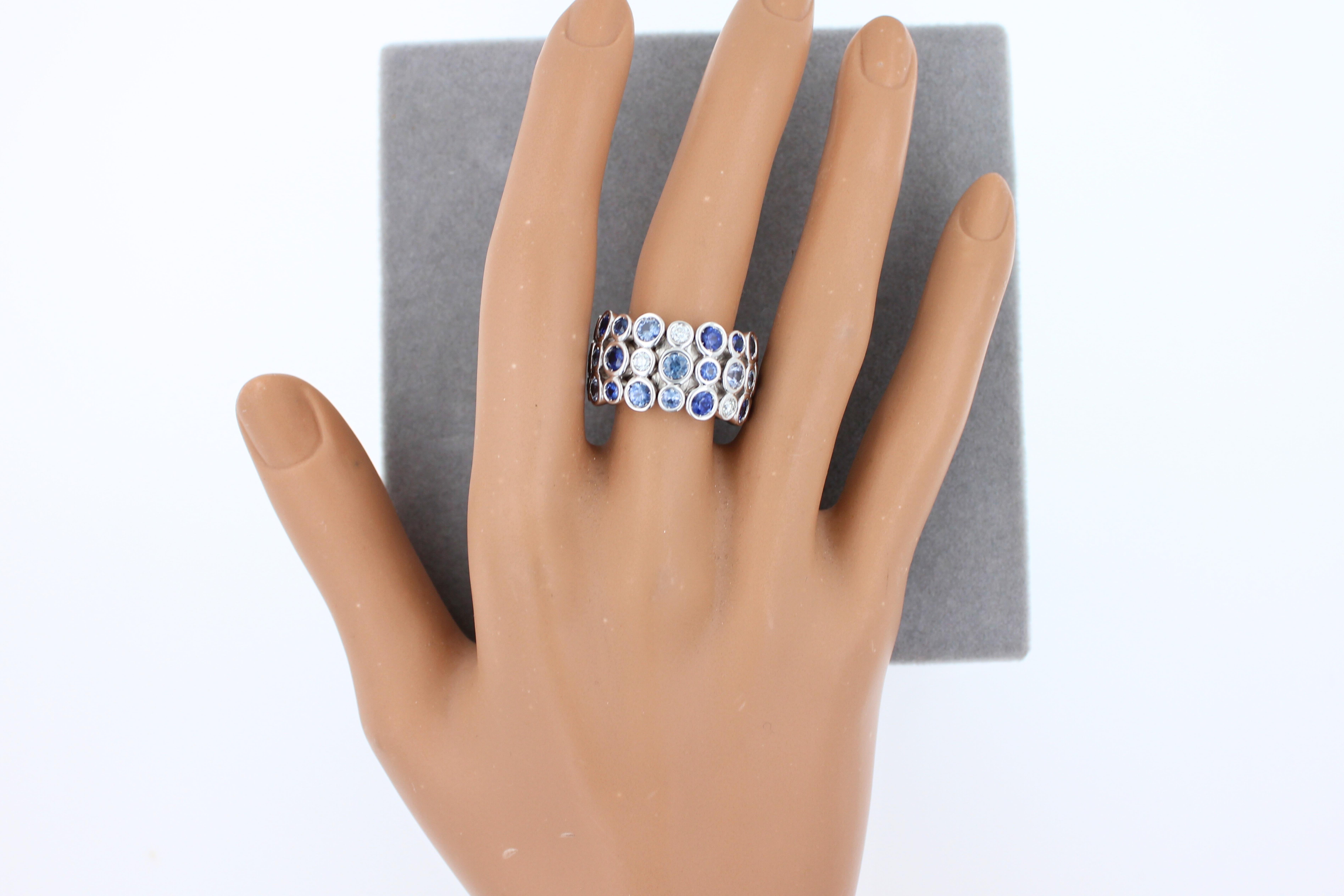 Women's or Men's Blue Sapphire Sky Topaz Diamond Flexible Bezel Eternity 18K White Gold Ring Band For Sale