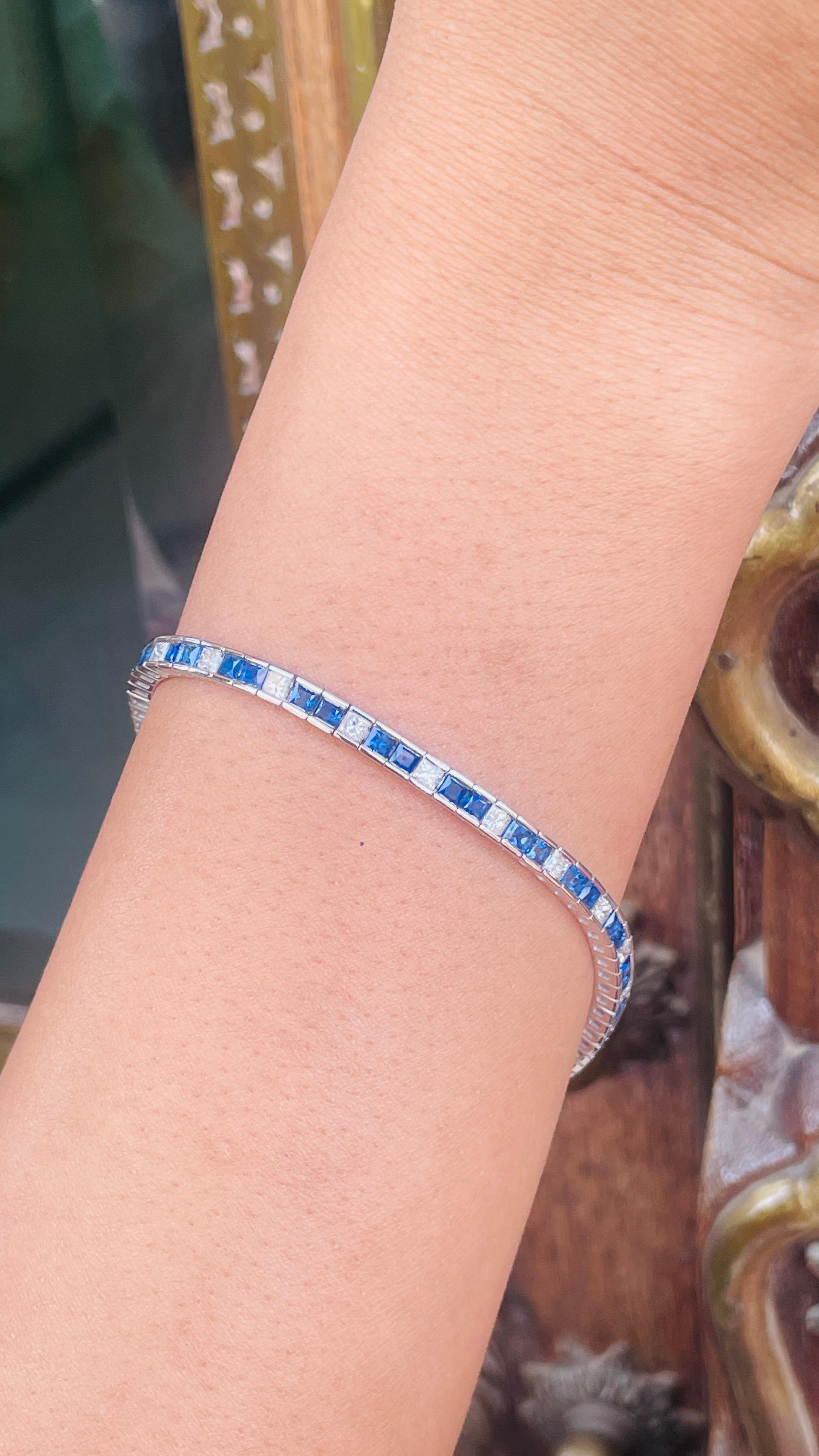 Blauer blauer Saphir Schlankes Diamant-Tennisarmband aus 18K Weißgold  im Angebot 4