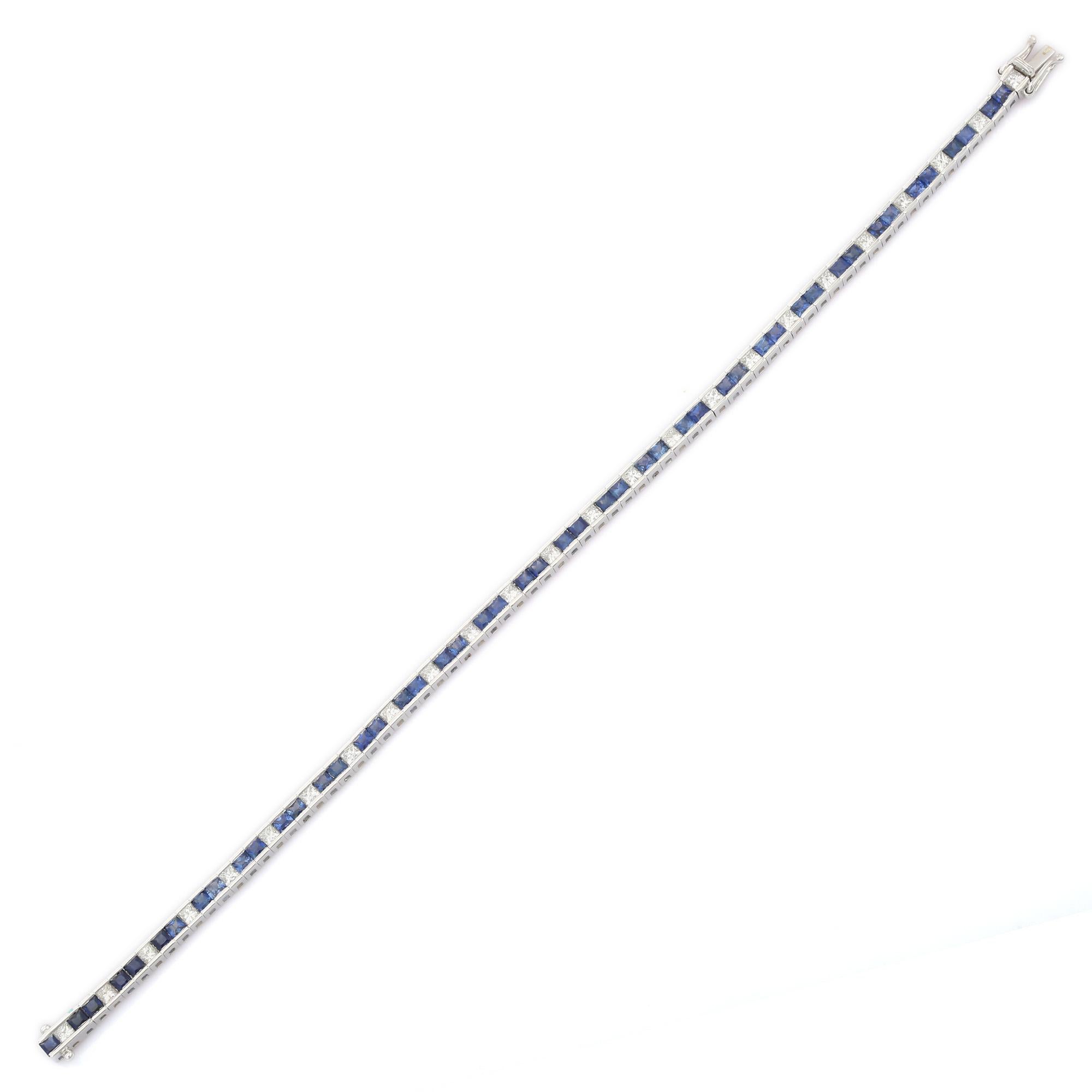 Square Cut Blue Sapphire Sleek Diamond Tennis Bracelet in 18K White Gold  For Sale