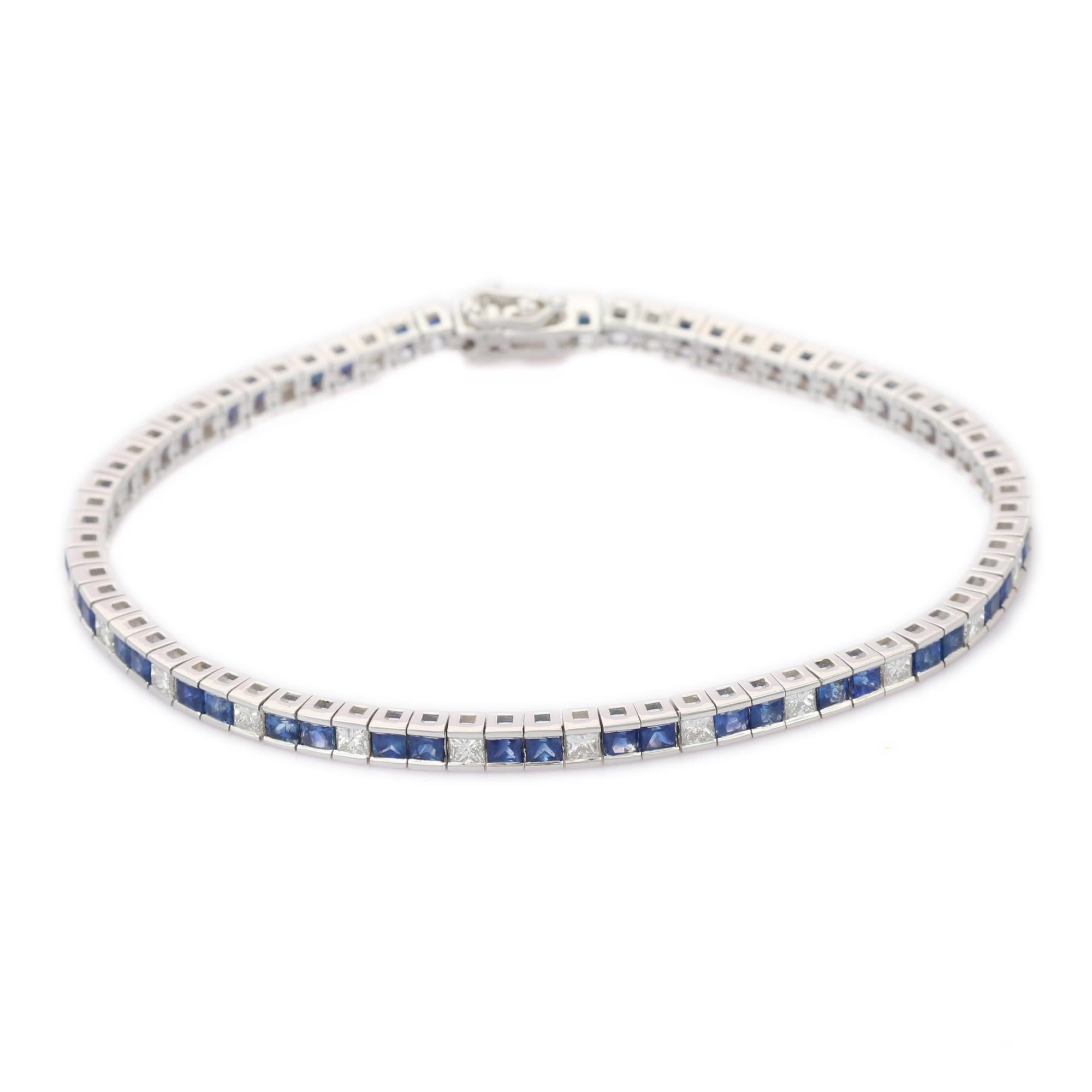 Women's Blue Sapphire Sleek Diamond Tennis Bracelet in 18K White Gold  For Sale