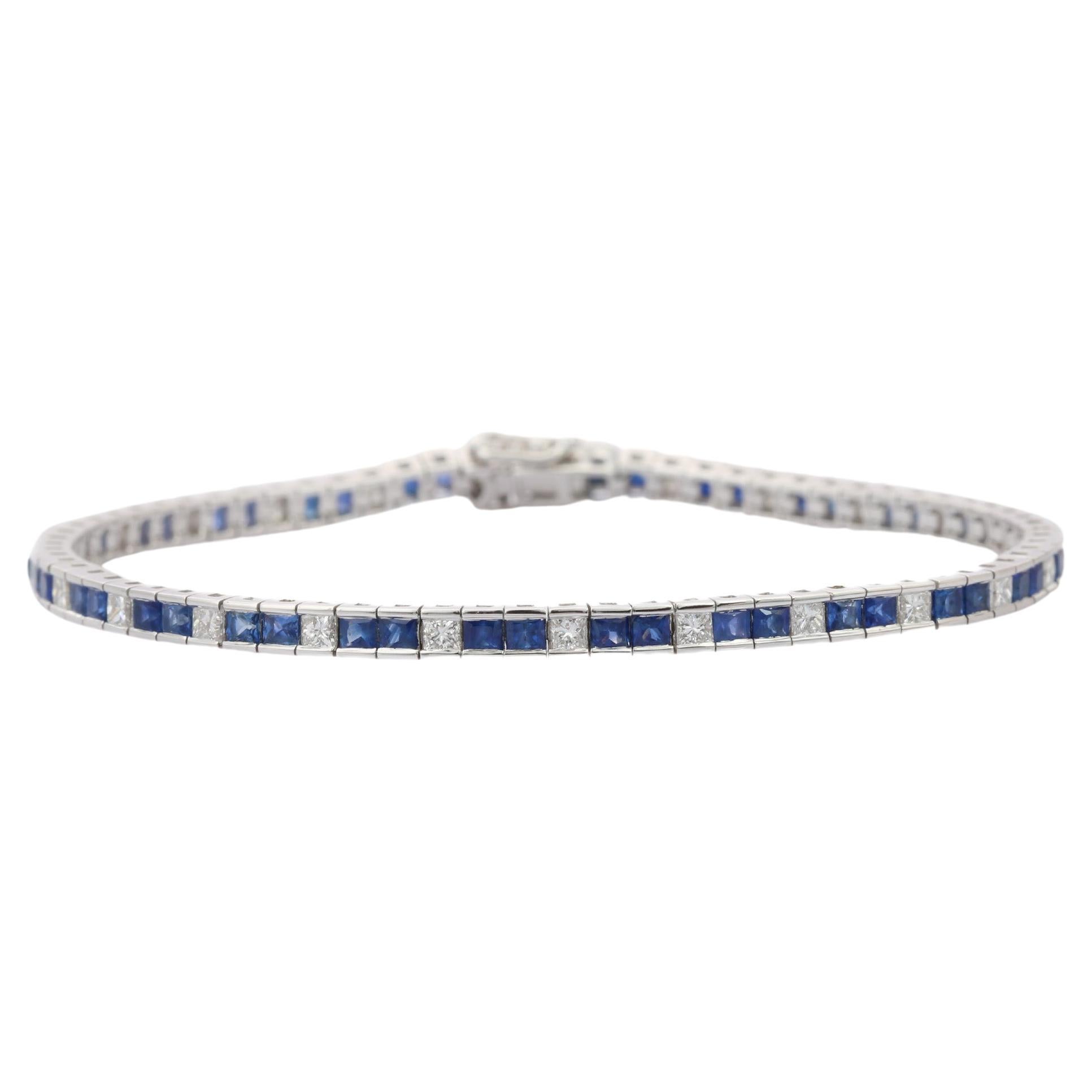 Blue Sapphire Sleek Diamond Tennis Bracelet in 18K White Gold 