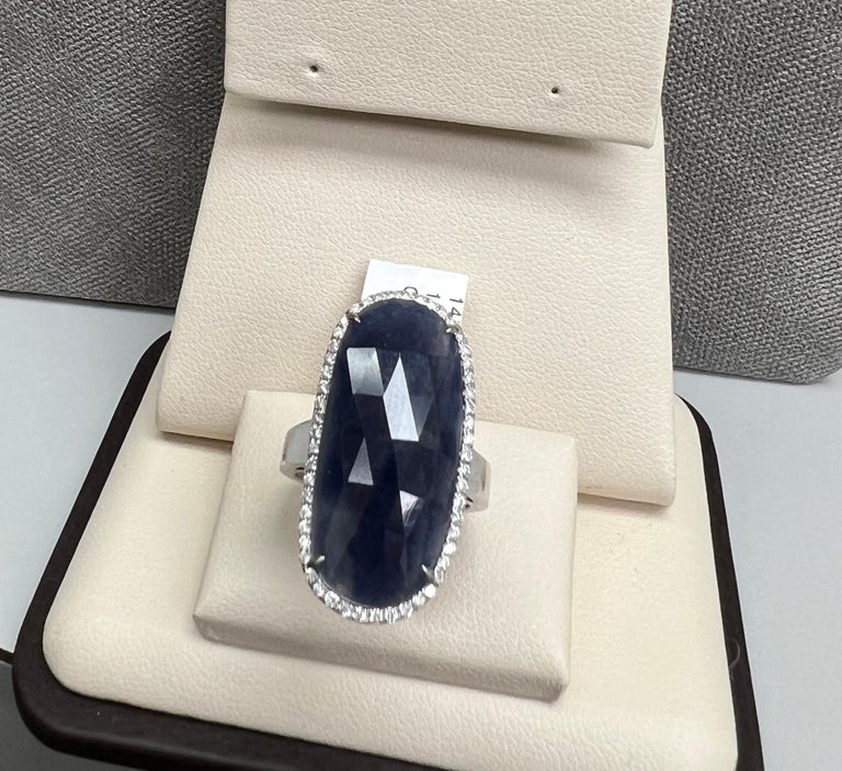 Slice Rings Blue Sapphire Slice Ring with Diamonds 14k White Gold For Sale at 1stDibs