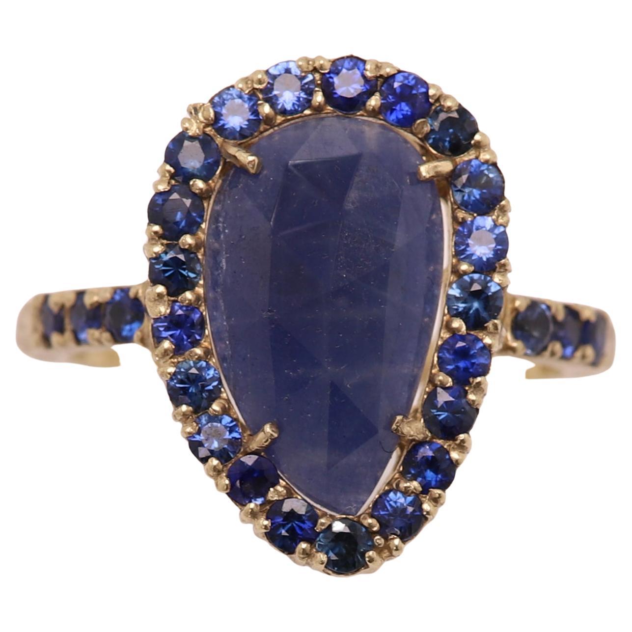 Blue Sapphire Sliced Gem Ring 14 Karat Gold Vintage Sapphire Ring For Sale