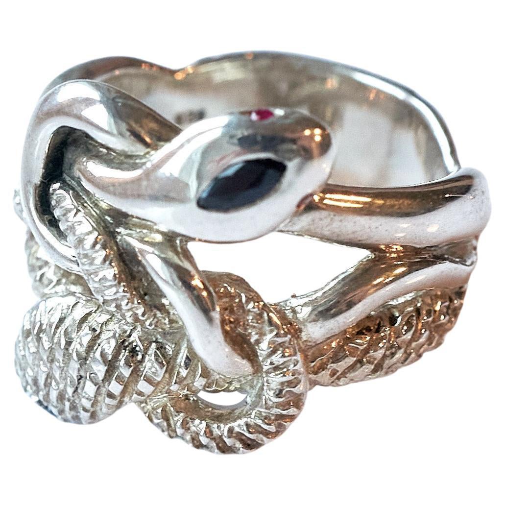 Contemporary Blue Sapphire Snake Ring Black Diamond Ruby  Sterling Silver Unisex J Dauphin For Sale