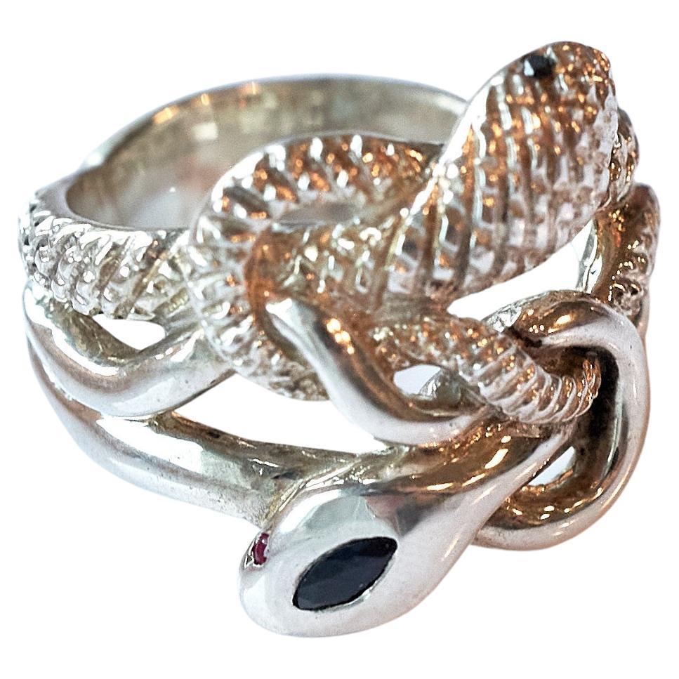 Brilliant Cut Blue Sapphire Snake Ring Black Diamond Ruby  Sterling Silver Unisex J Dauphin For Sale