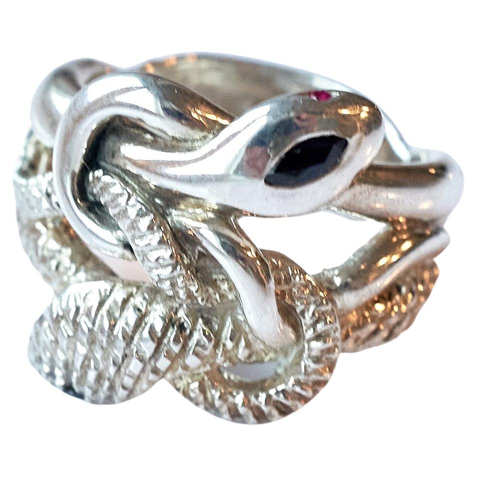 Blue Sapphire Snake Ring Black Diamond Ruby  Sterling Silver Unisex J Dauphin In New Condition For Sale In Los Angeles, CA