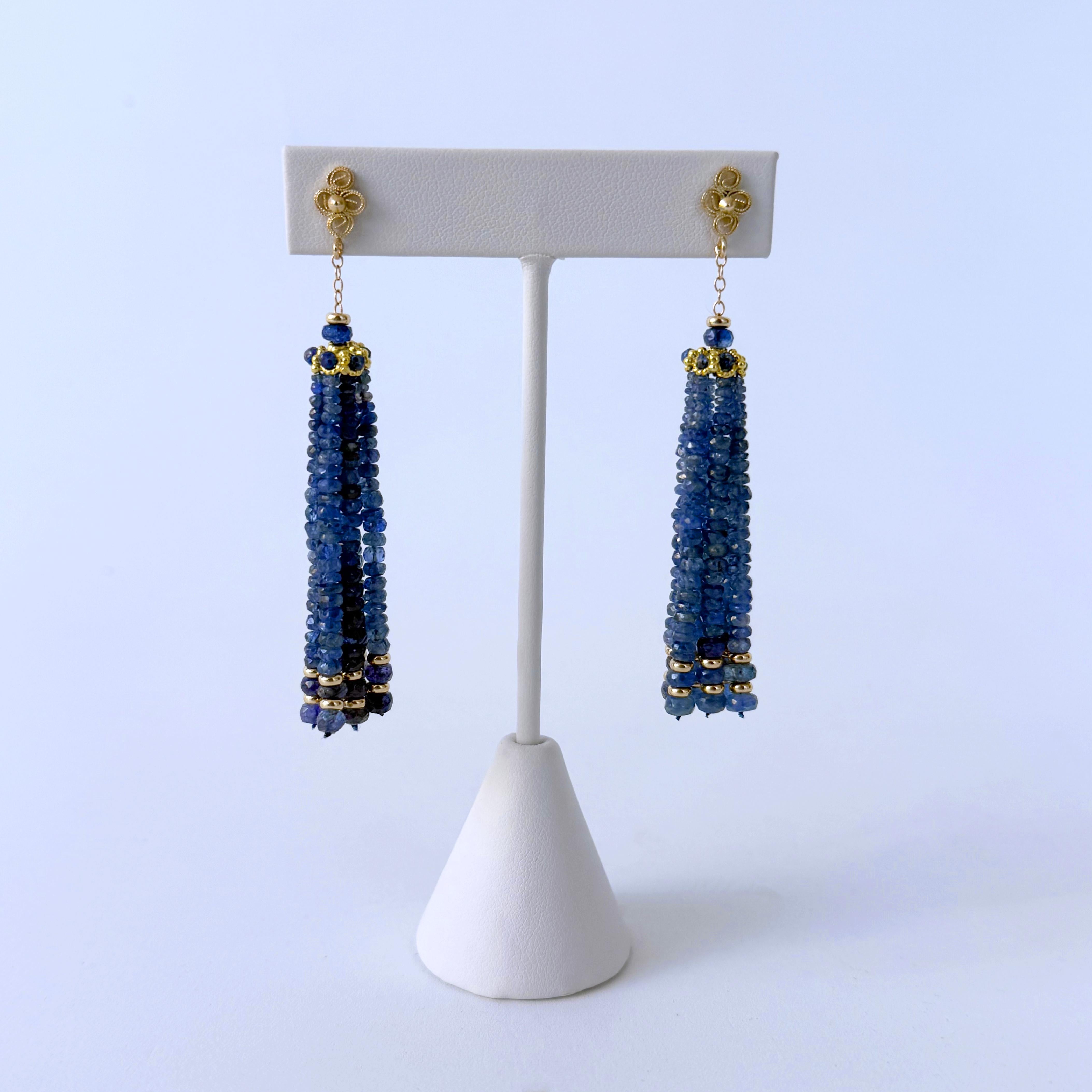 Artisan Blue Sapphire & Solid 14k Yellow Gold Tassel Earrings For Sale