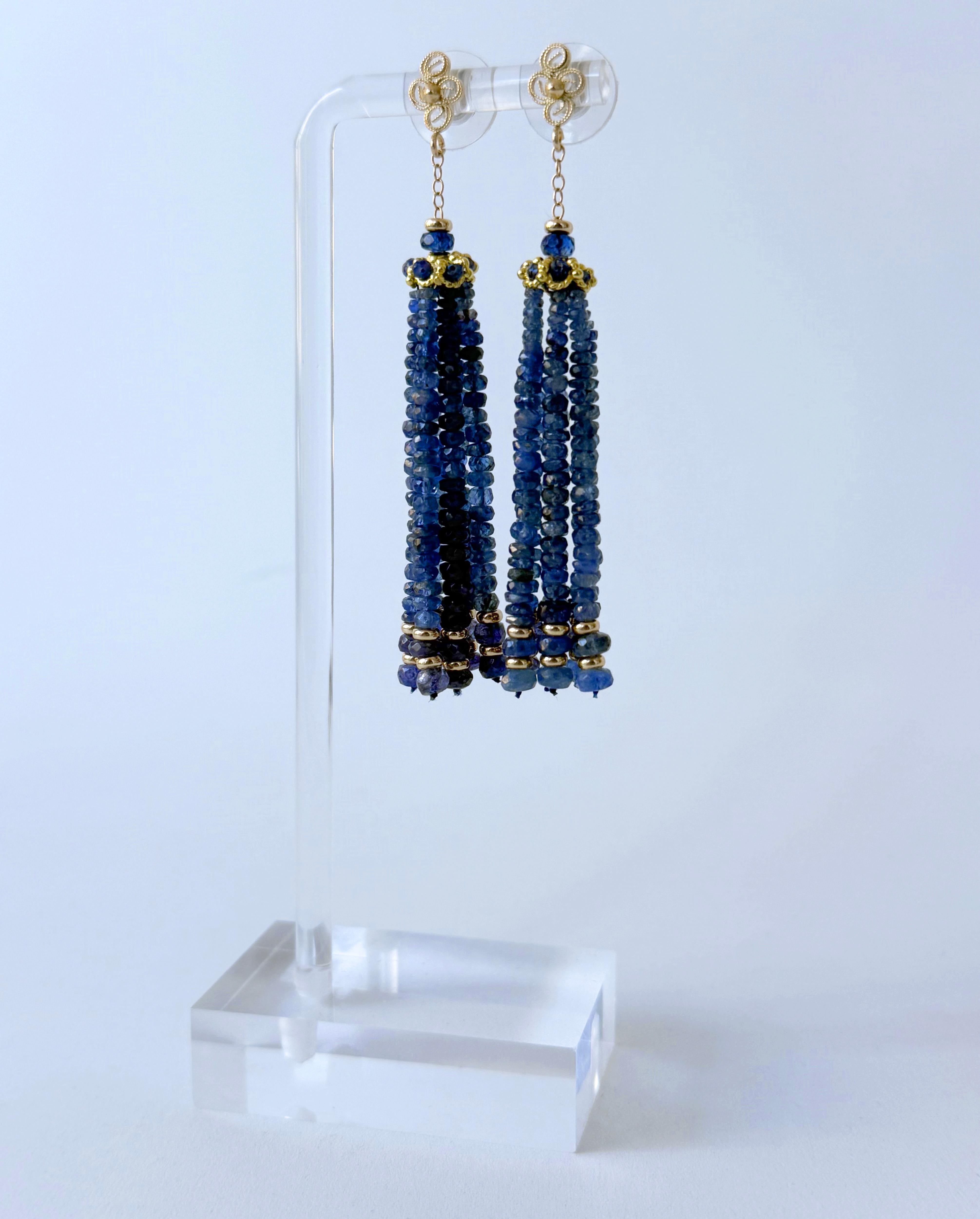 Bead Blue Sapphire & Solid 14k Yellow Gold Tassel Earrings For Sale