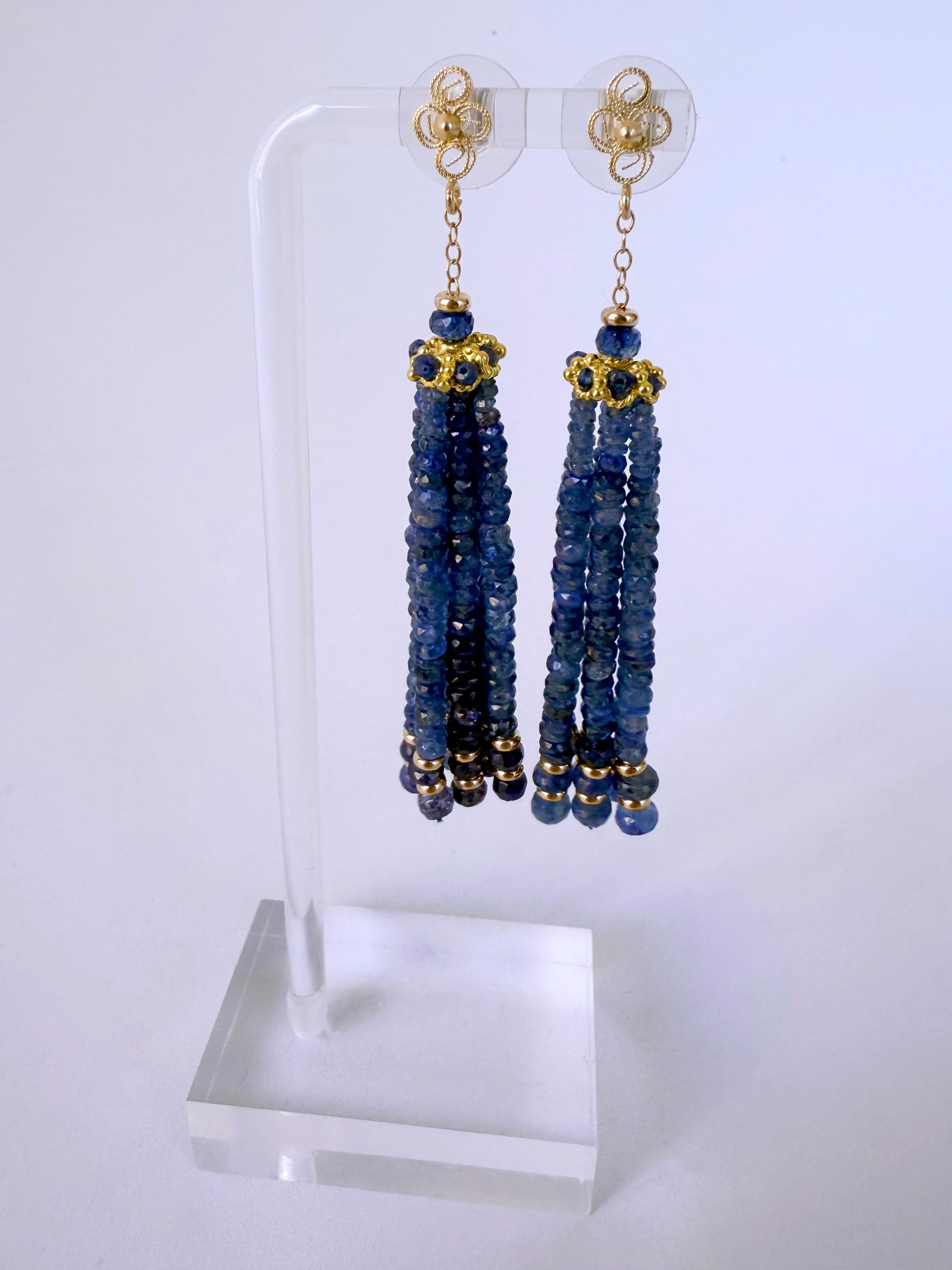 Blue Sapphire & Solid 14k Yellow Gold Tassel Earrings In New Condition For Sale In Los Angeles, CA