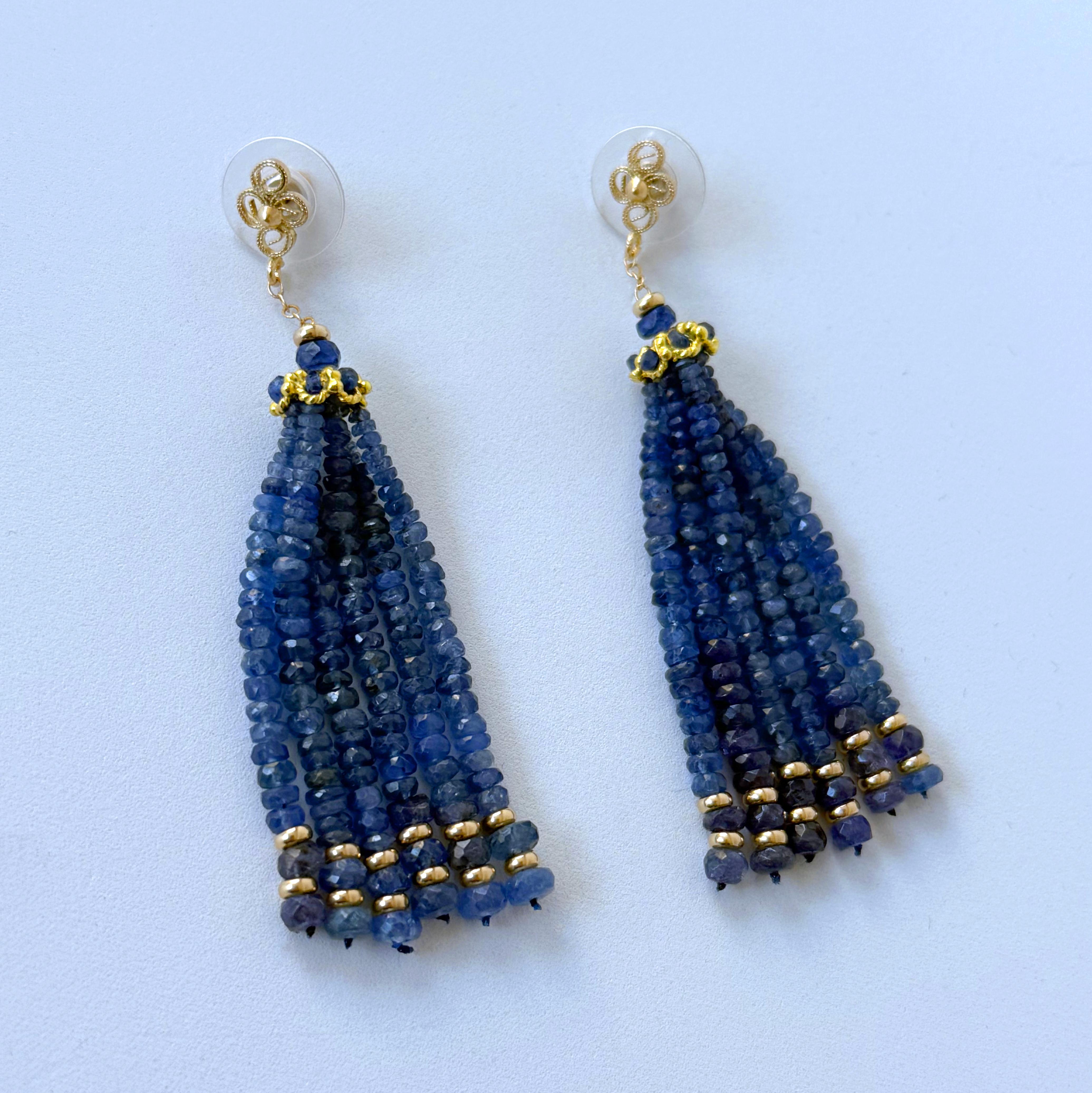 Women's Blue Sapphire & Solid 14k Yellow Gold Tassel Earrings For Sale