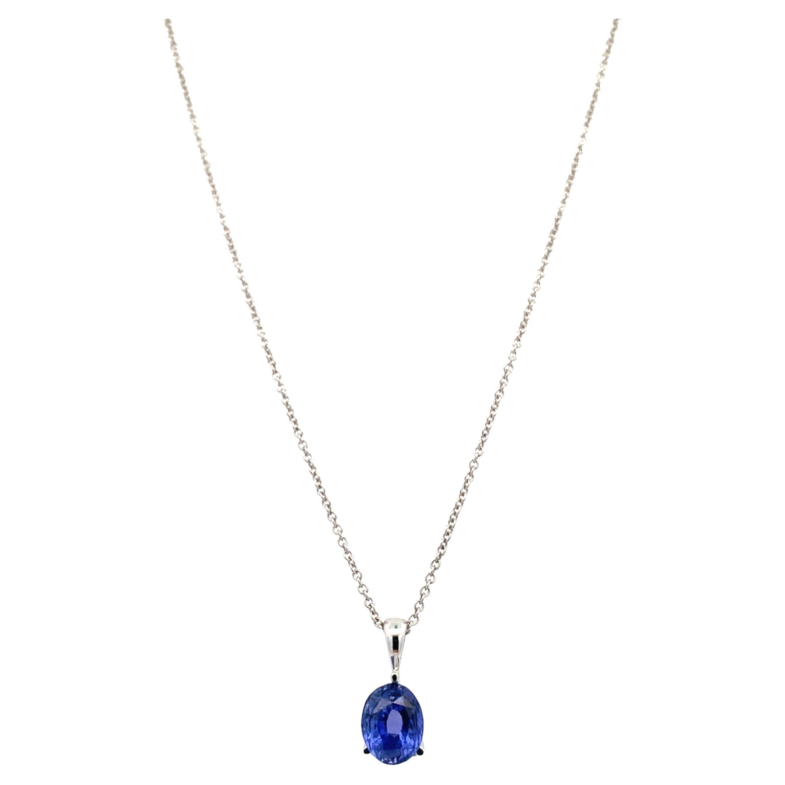 Blue sapphire solitaire pendant necklace 18k white gold