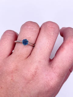 Blue sapphire solitaire ring 1ct 6 prong engagement ring 18KT white gold size 6