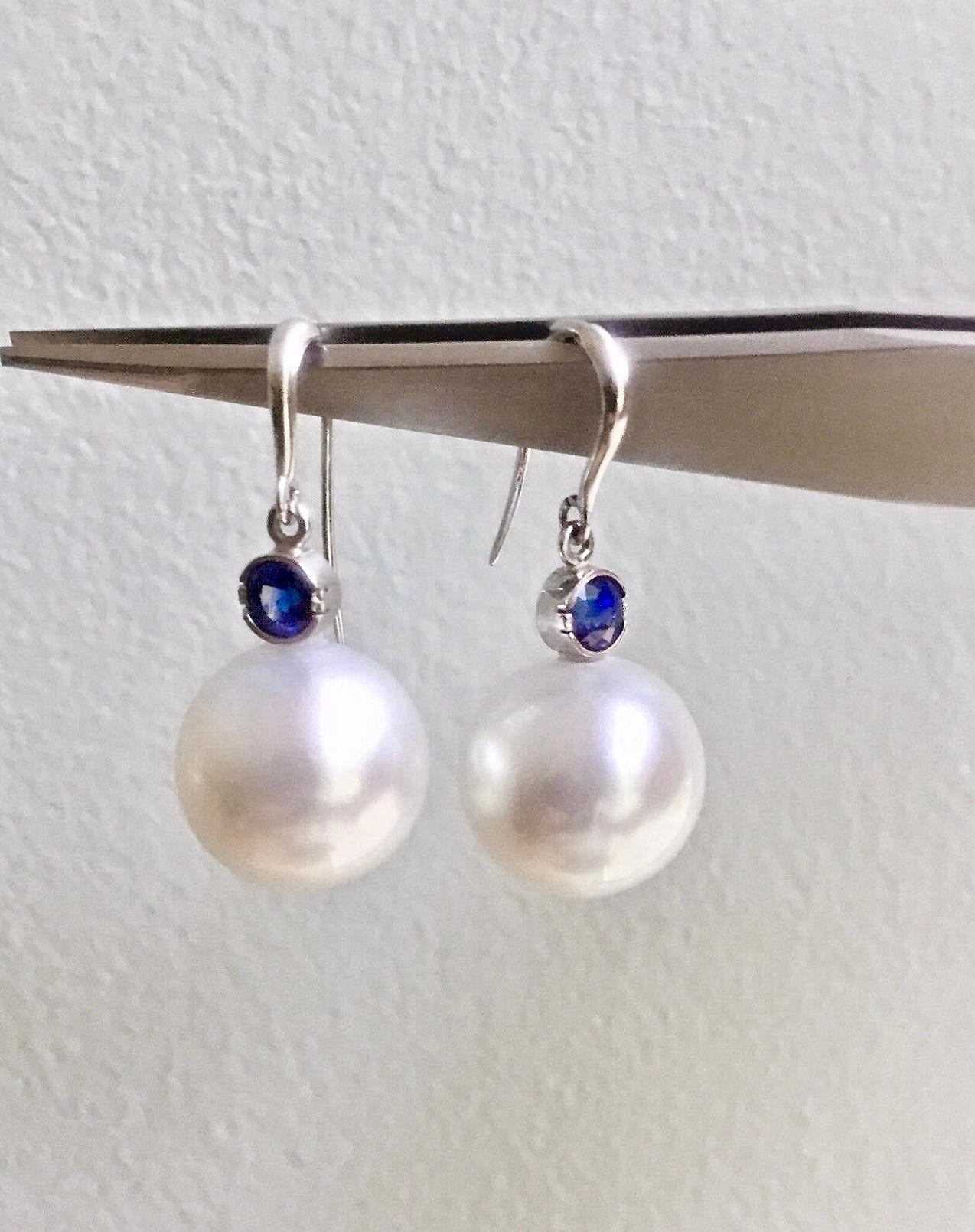 Women's South Sea Pearl and Blue Sapphire Drop Earrings  For Sale