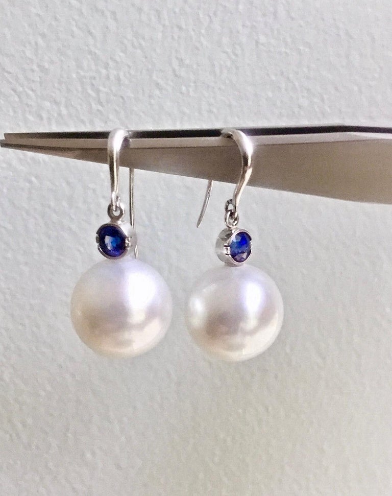 South Sea Pearl and Blue Sapphire Drop Earrings  For Sale 2