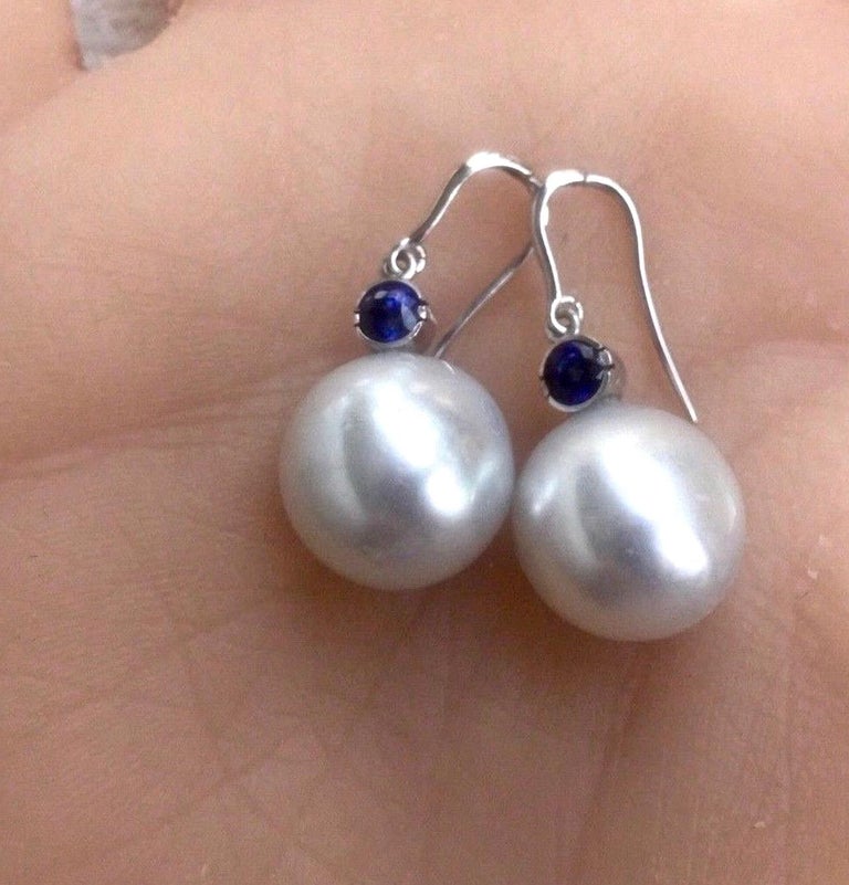 Women's South Sea Pearl and Blue Sapphire Drop Earrings  For Sale