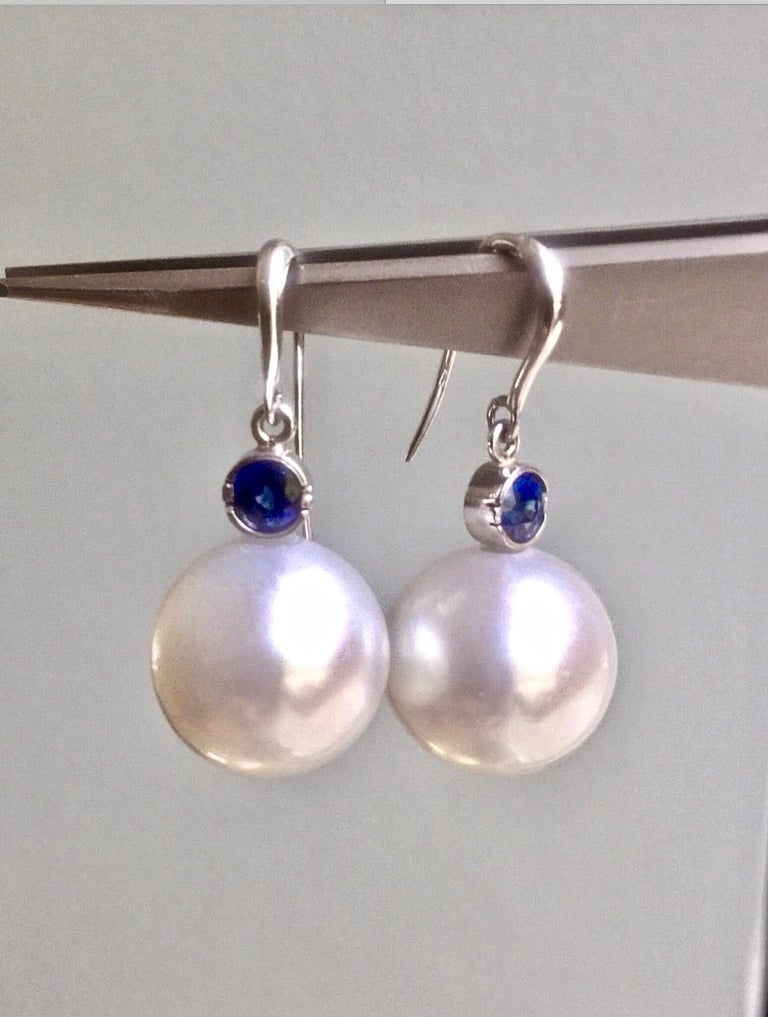 Contemporary South Sea Pearl and Blue Sapphire Drop Earrings  For Sale