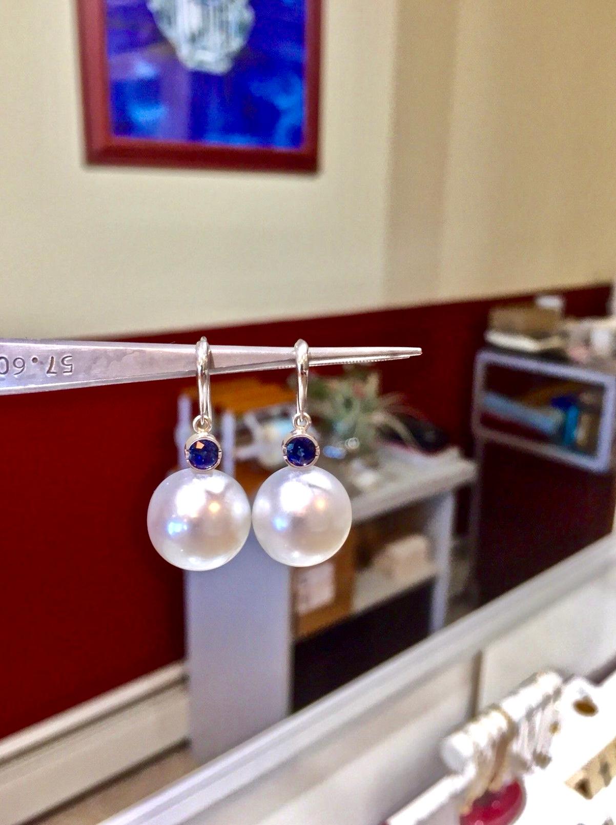 Round Cut South Sea Pearl and Blue Sapphire Drop Earrings For Sale