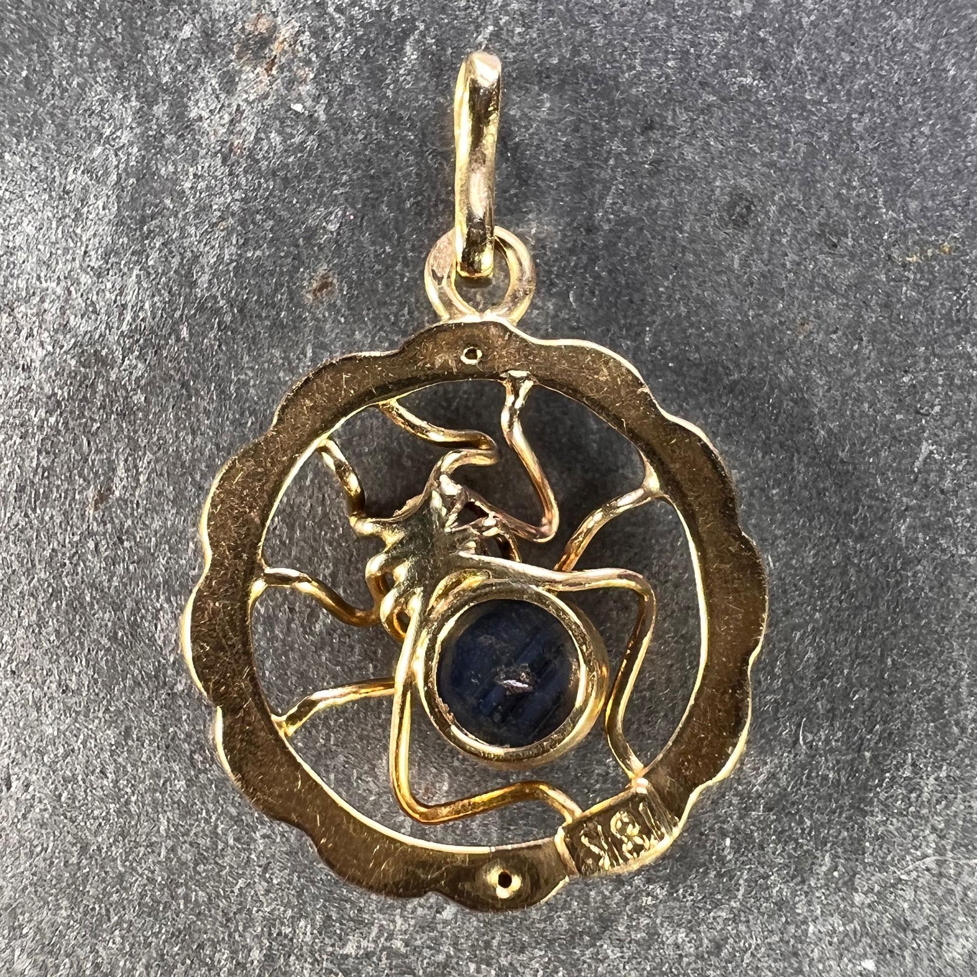 Cabochon Blue Sapphire Spider 18K Yellow Gold Charm Pendant For Sale
