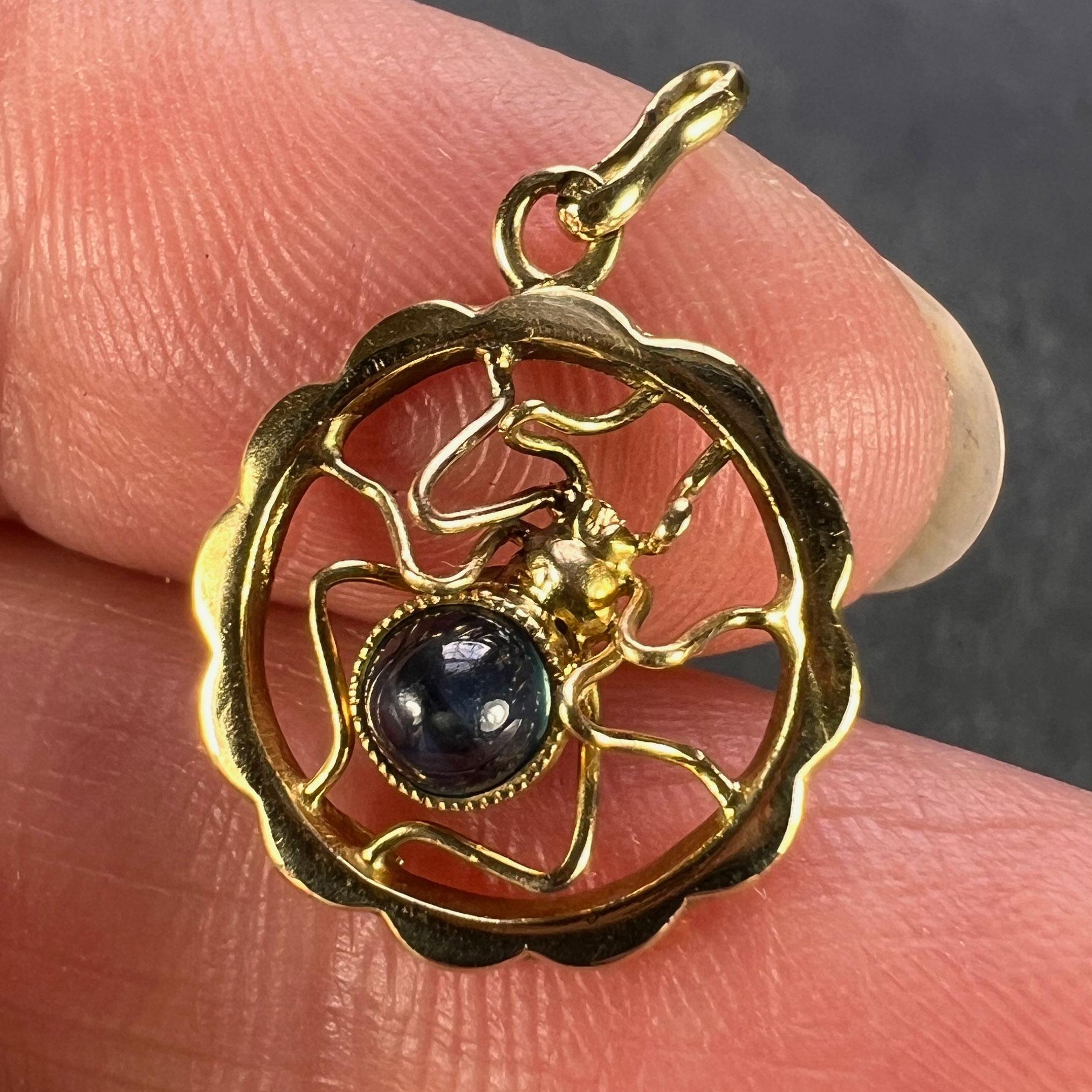 Women's or Men's Blue Sapphire Spider 18K Yellow Gold Charm Pendant For Sale